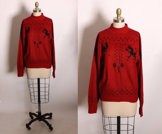 1960s Dark Red and Black Novelty Mythical Phoenix and Griffith Long Sleeve Knit Pullover Sweater by Puritan -L