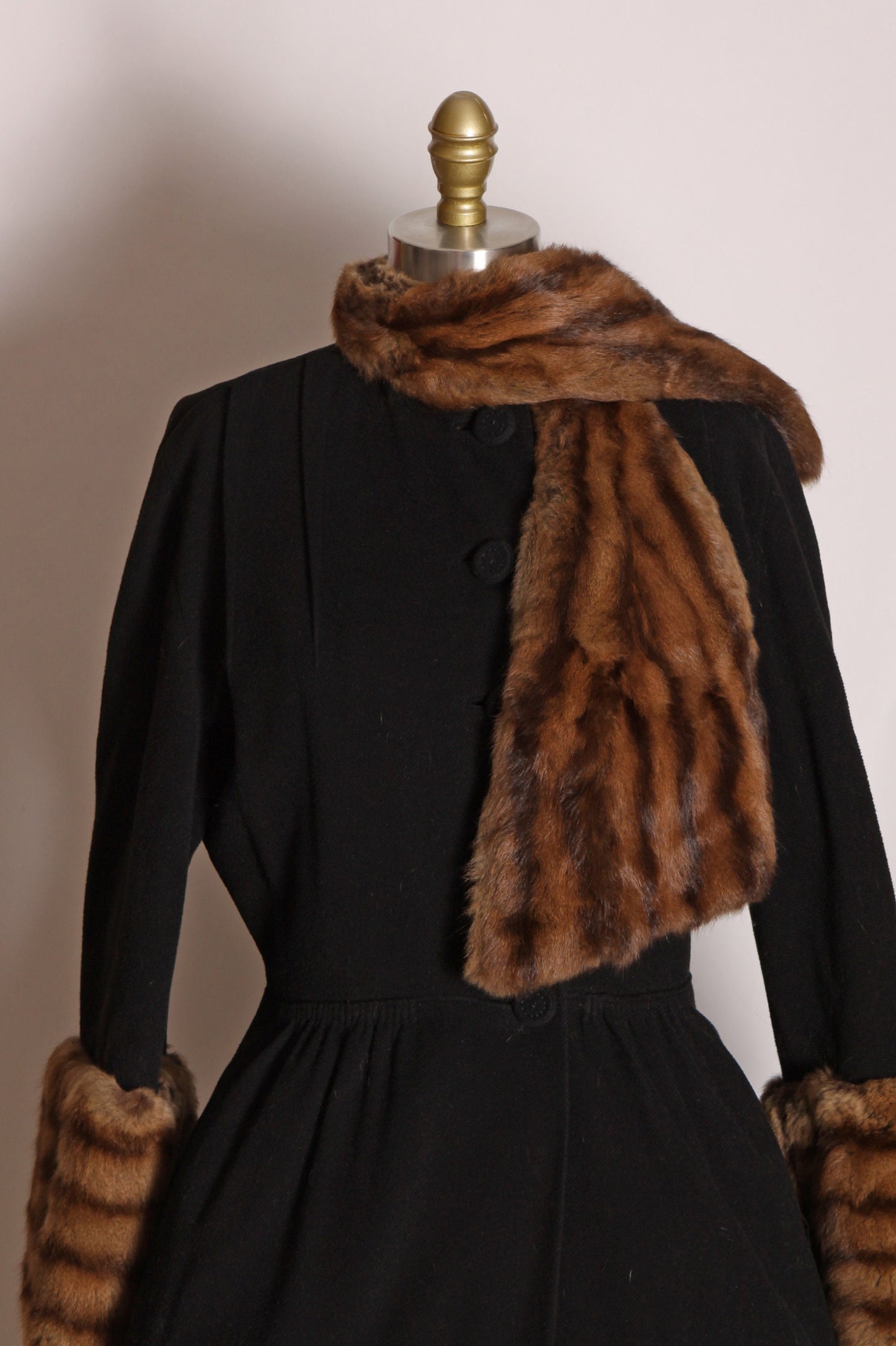 1940s Black Long Sleeve Dyed Russian Squirrel Fur Trim Hem, Cuffs and Scarf Fit and Flare Button Up Princess Coat by Swansdown -S