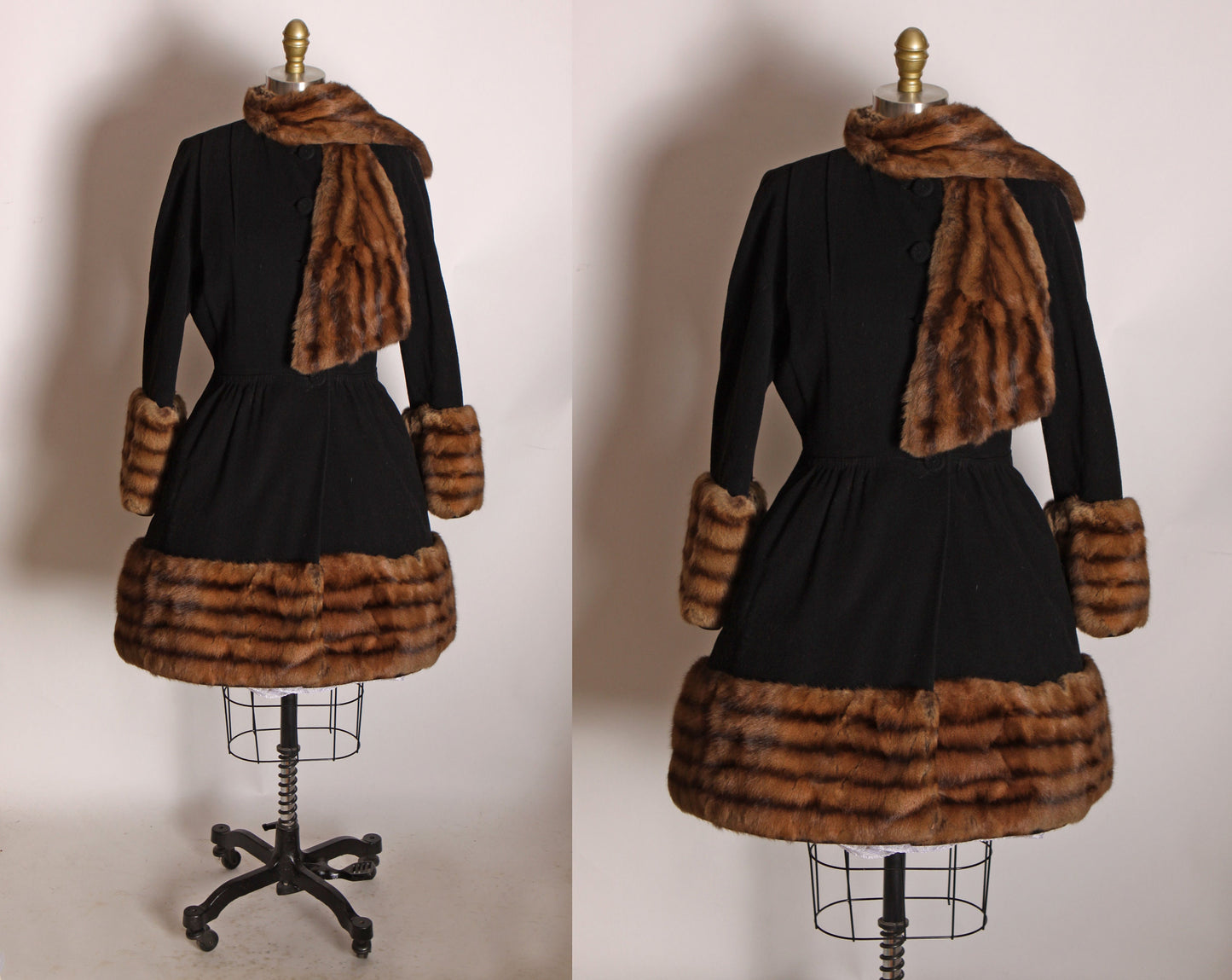 1940s Black Long Sleeve Dyed Russian Squirrel Fur Trim Hem, Cuffs and Scarf Fit and Flare Button Up Princess Coat by Swansdown -S