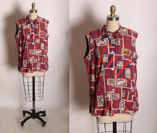 1960s Red and Purple Novelty Postage Stamp Travel Sleeveless Bow Collar Blouse -2XL