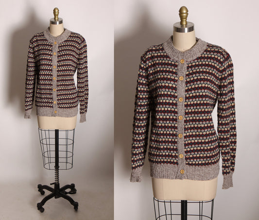 1970s Tan, Red and Blue Knit Long Sleeve Button Up Sweater Cardigan by Sweater Bee by Banff Ltd. -L