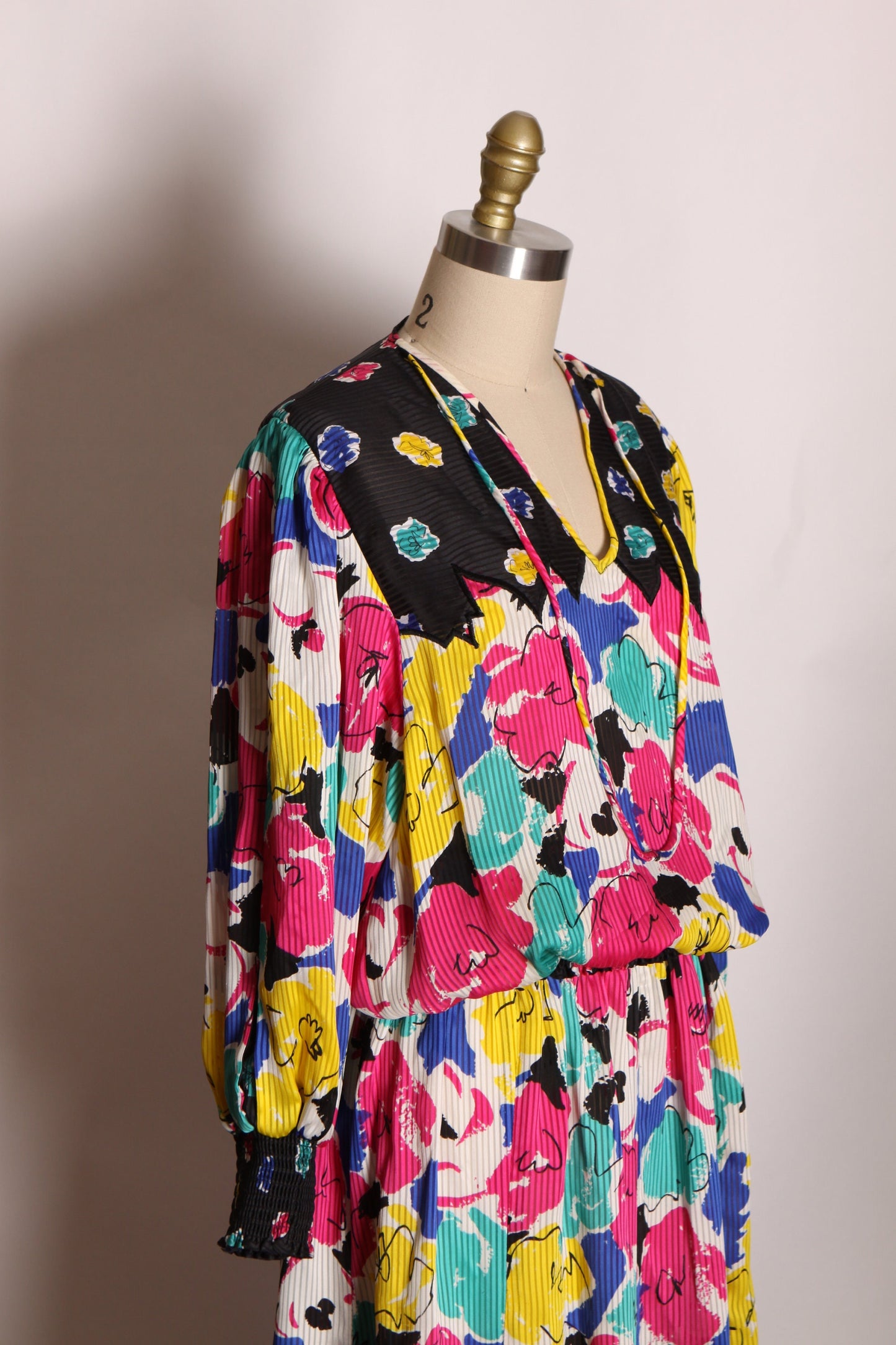 1980s Two Piece Black, Pink and Yellow Abstract Floral Print Blouse with Matching Skirt Outfit by Indigo Lites