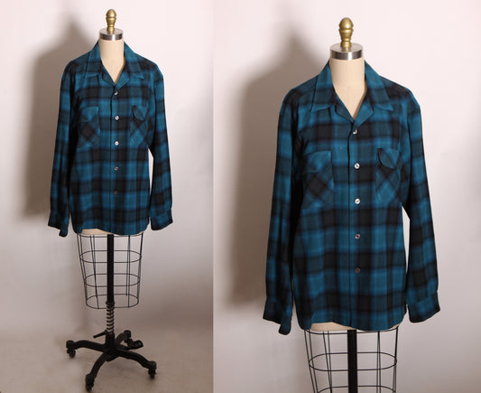 1950s 1960s Blue and Black Plaid Long Sleeve Button Up Wool Pendleton Style Mens Jacket -XL