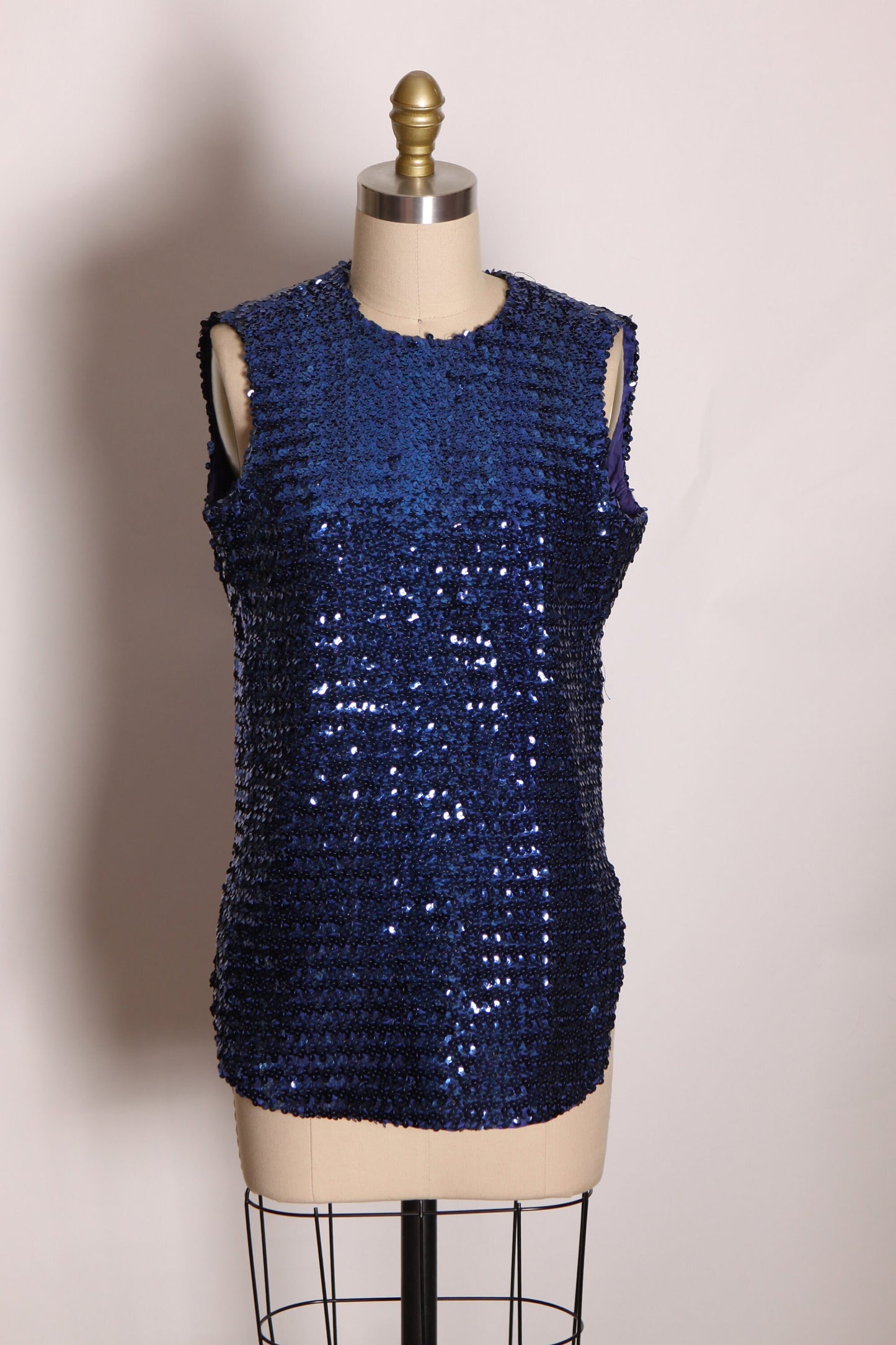 1960s Blue Sequin Sleeveless New Years Blouse -L