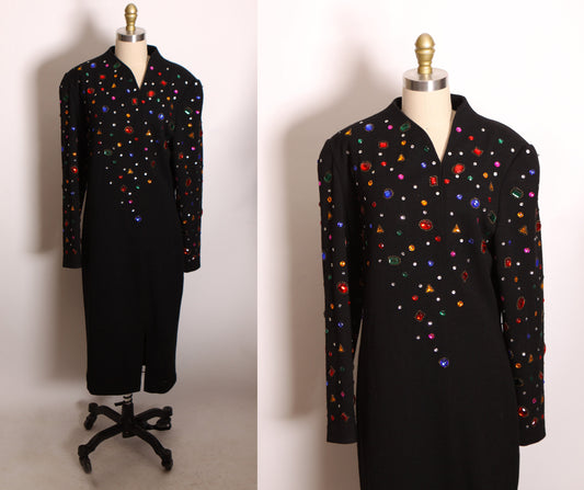 1980s Multi-Colored Rainbow Gemstone Bedazzled Black Knit Long Sleeve Christmas Dress by Pia Rucci -L