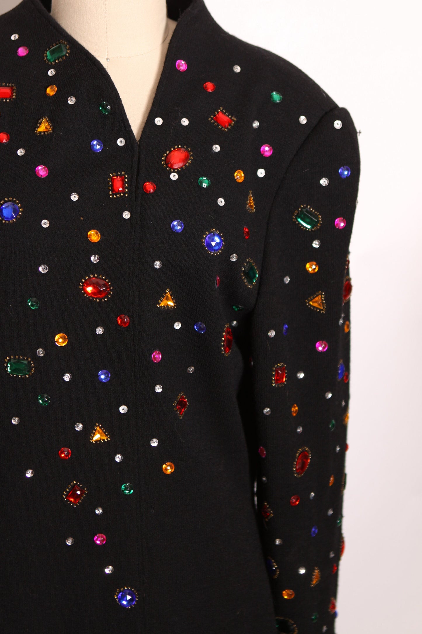 1980s Multi-Colored Rainbow Gemstone Bedazzled Black Knit Long Sleeve Christmas Dress by Pia Rucci -L