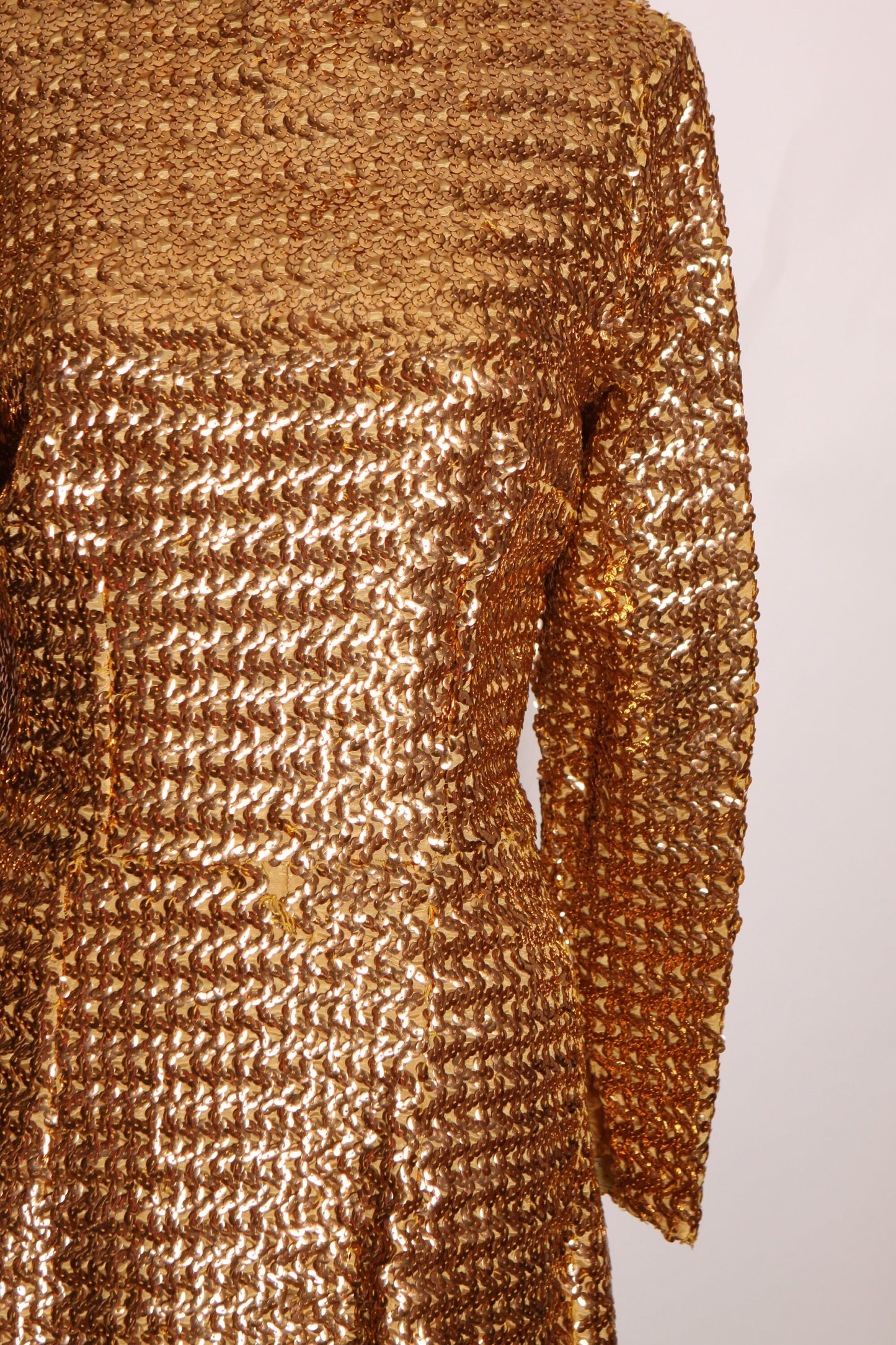 1960s Gold Metallic Sequin Bracelet Sleeve High Cut Side Slit Burlesque Showgirl Dress -M