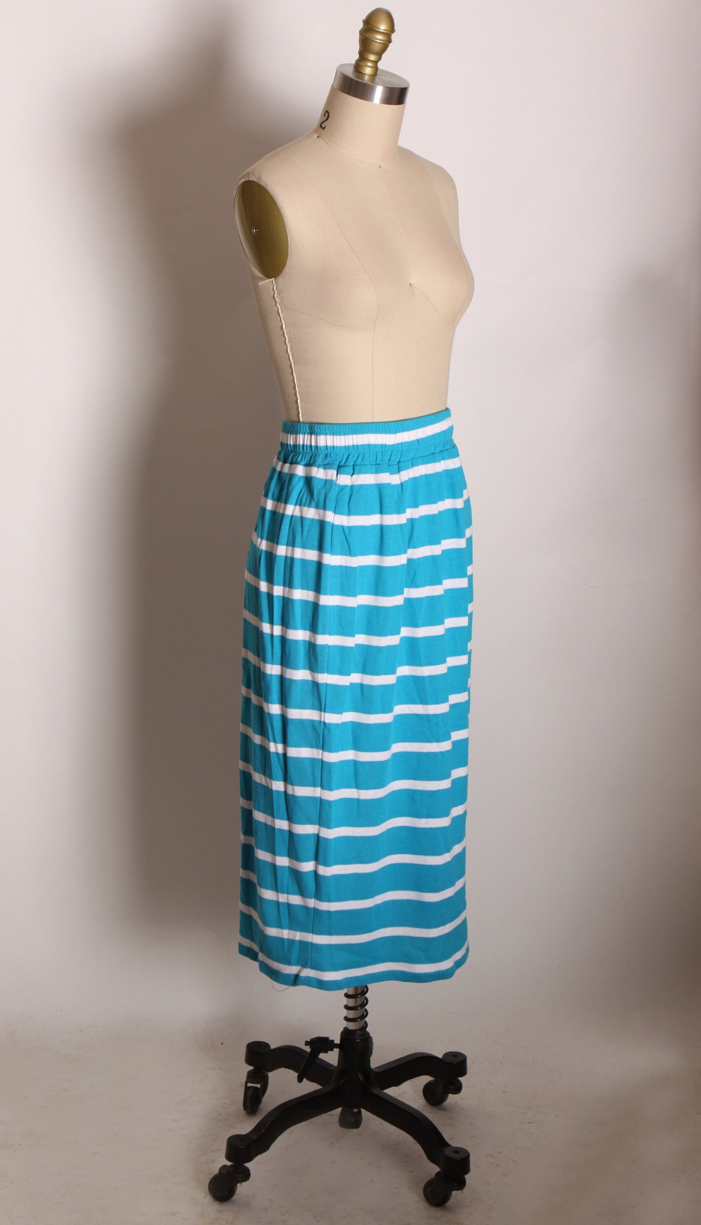 Deadstock 1980s Turquoise Blue and White Striped Elastic Waist Stretchy Wiggle Skirt by J.J. Little Modular Knits -M