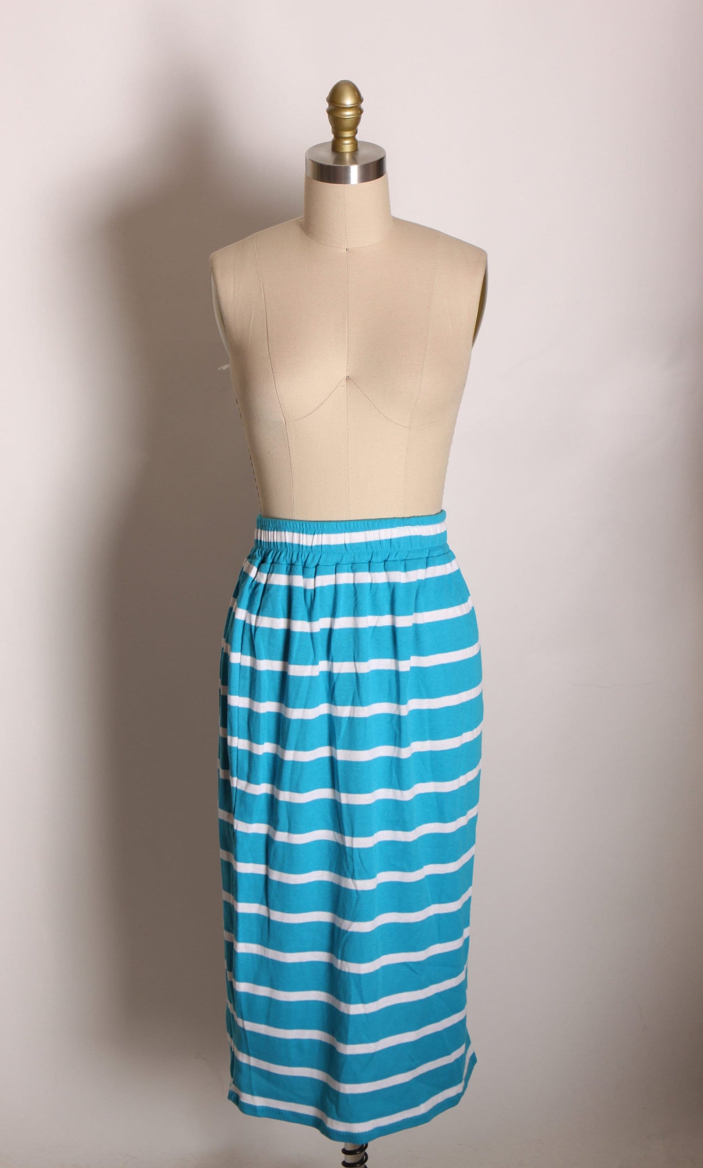 Deadstock 1980s Turquoise Blue and White Striped Elastic Waist Stretchy Wiggle Skirt by J.J. Little Modular Knits -M