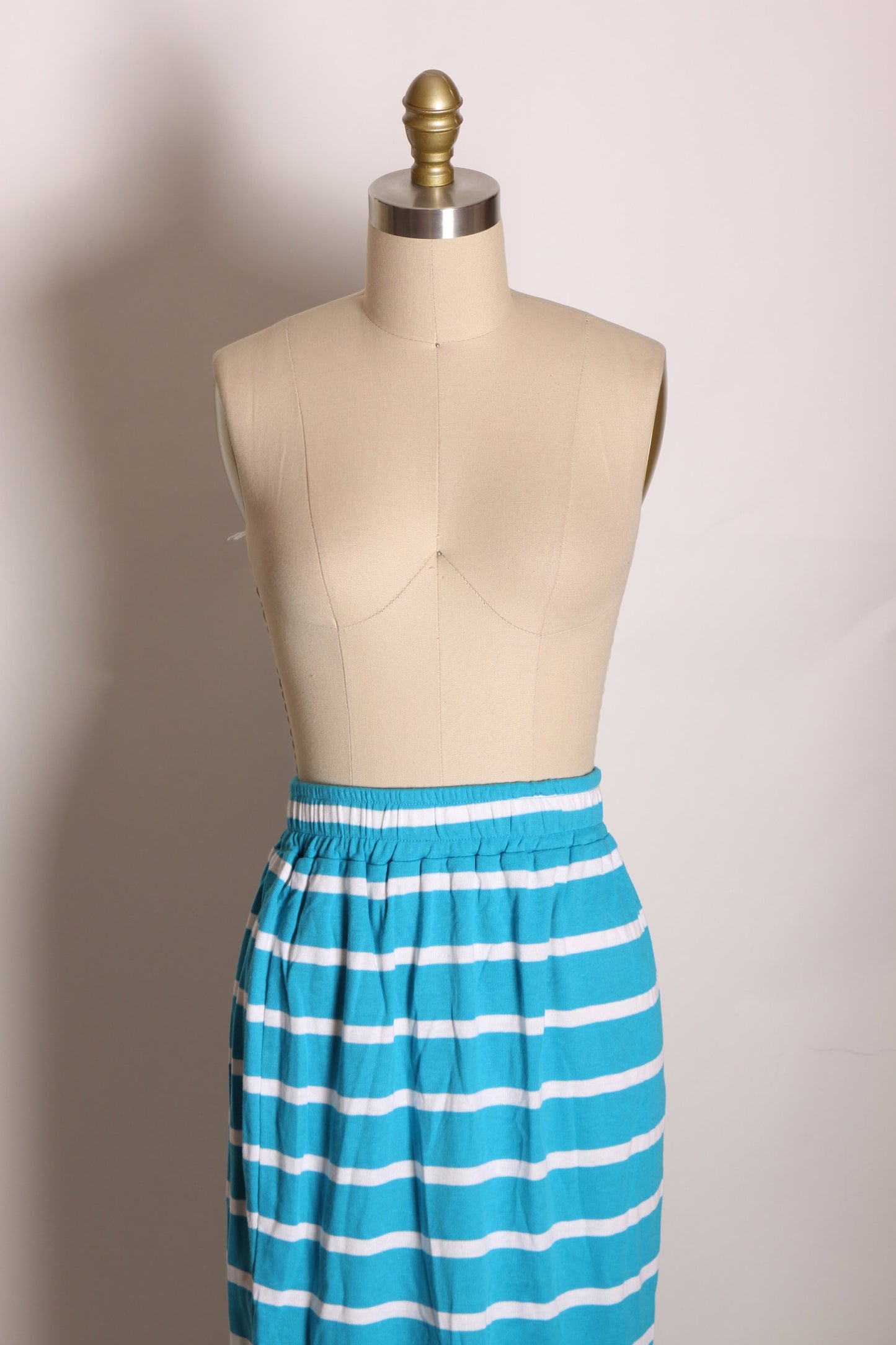 Deadstock 1980s Turquoise Blue and White Striped Elastic Waist Stretchy Wiggle Skirt by J.J. Little Modular Knits -M