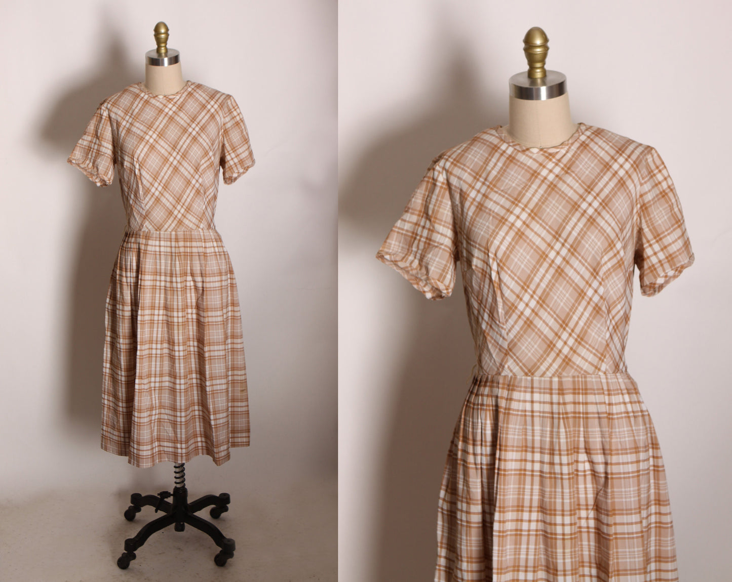 1960s Tan and White Plaid Short Sleeve Fit and Flare Dress -M