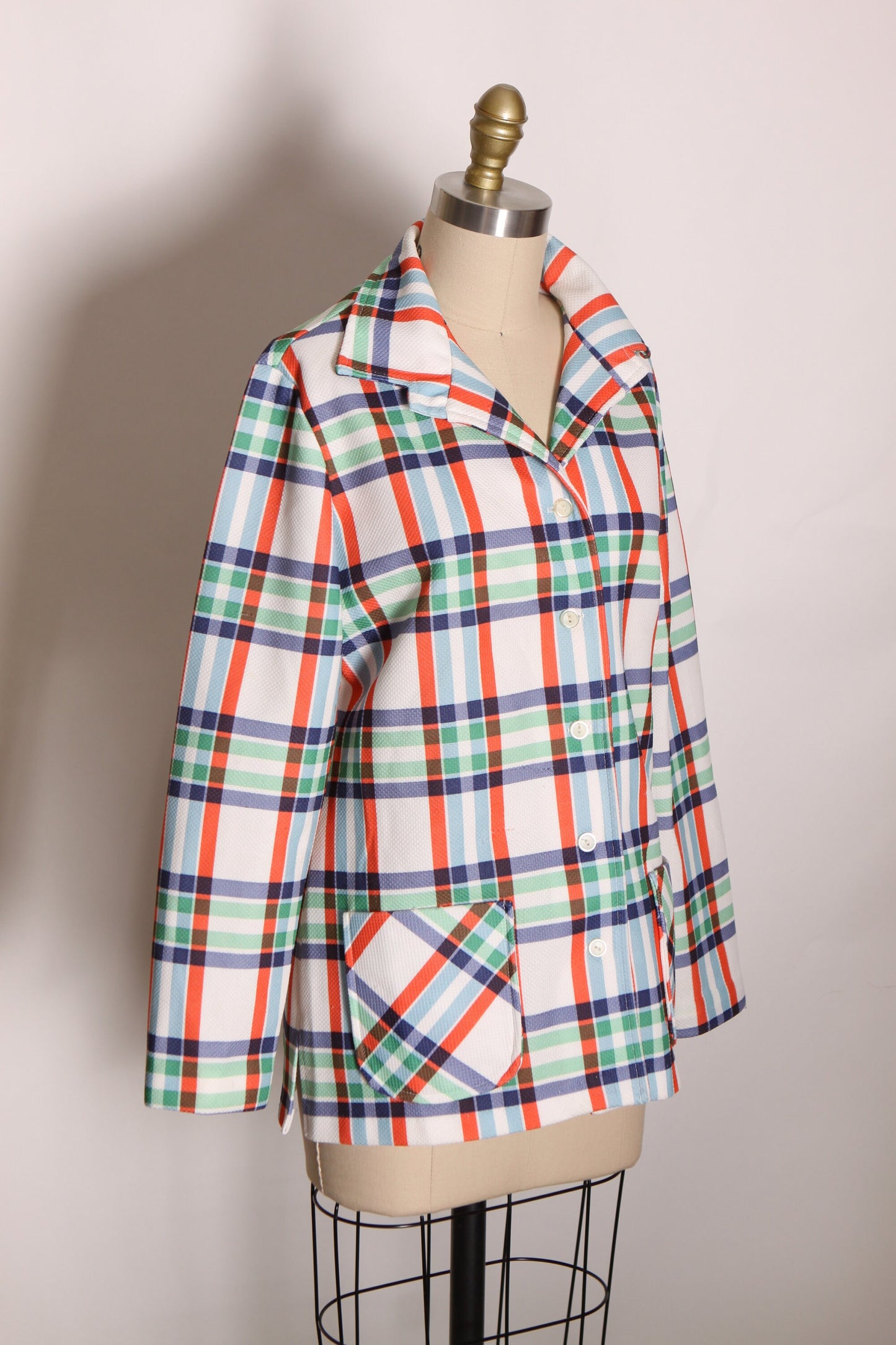 1970s White, Green, Red and Blue Plaid Long Sleeve Button Up Blazer Jacket by Prince Dallas -XL