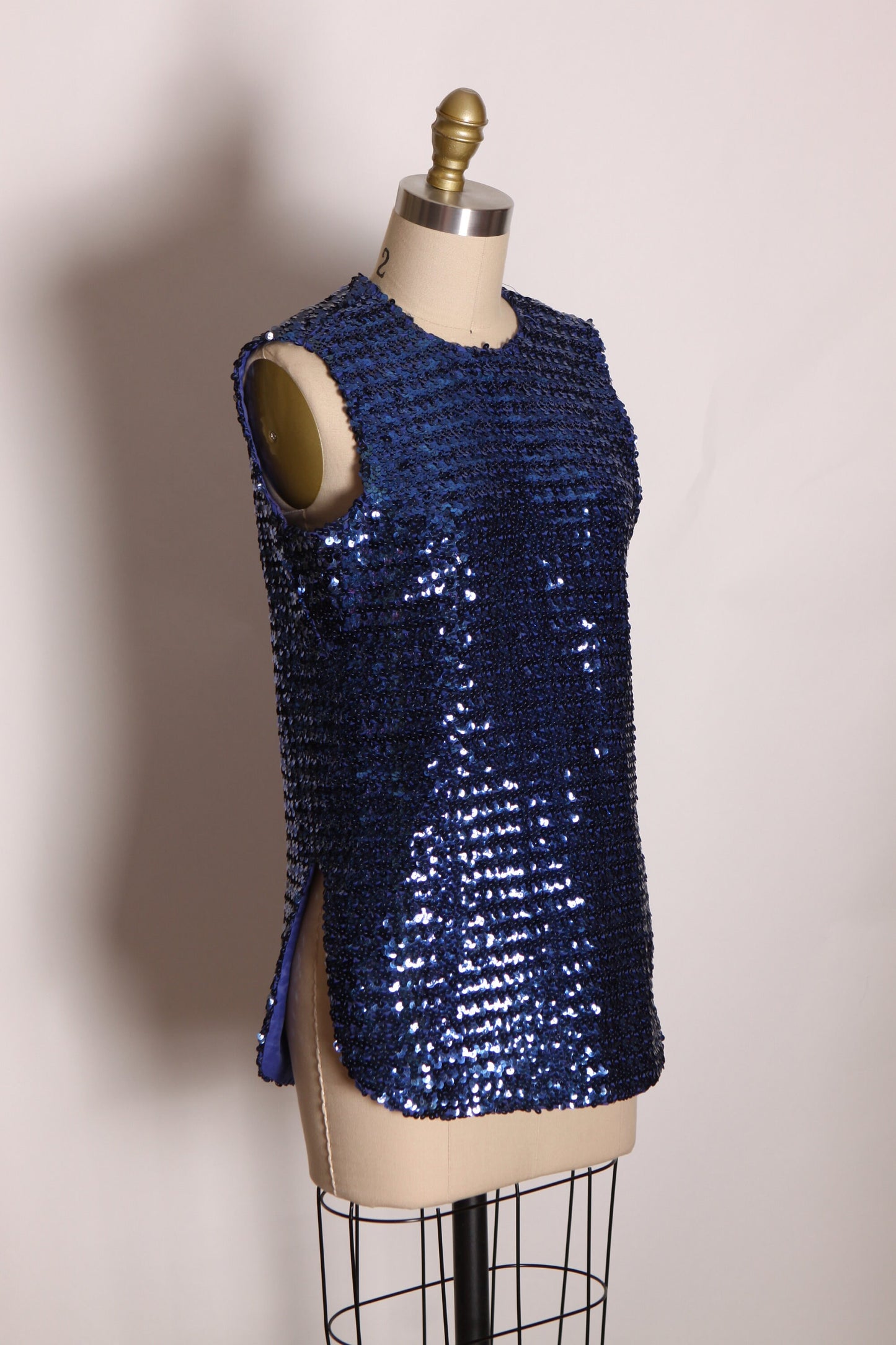 1960s Blue Sequin Sleeveless New Years Blouse -L