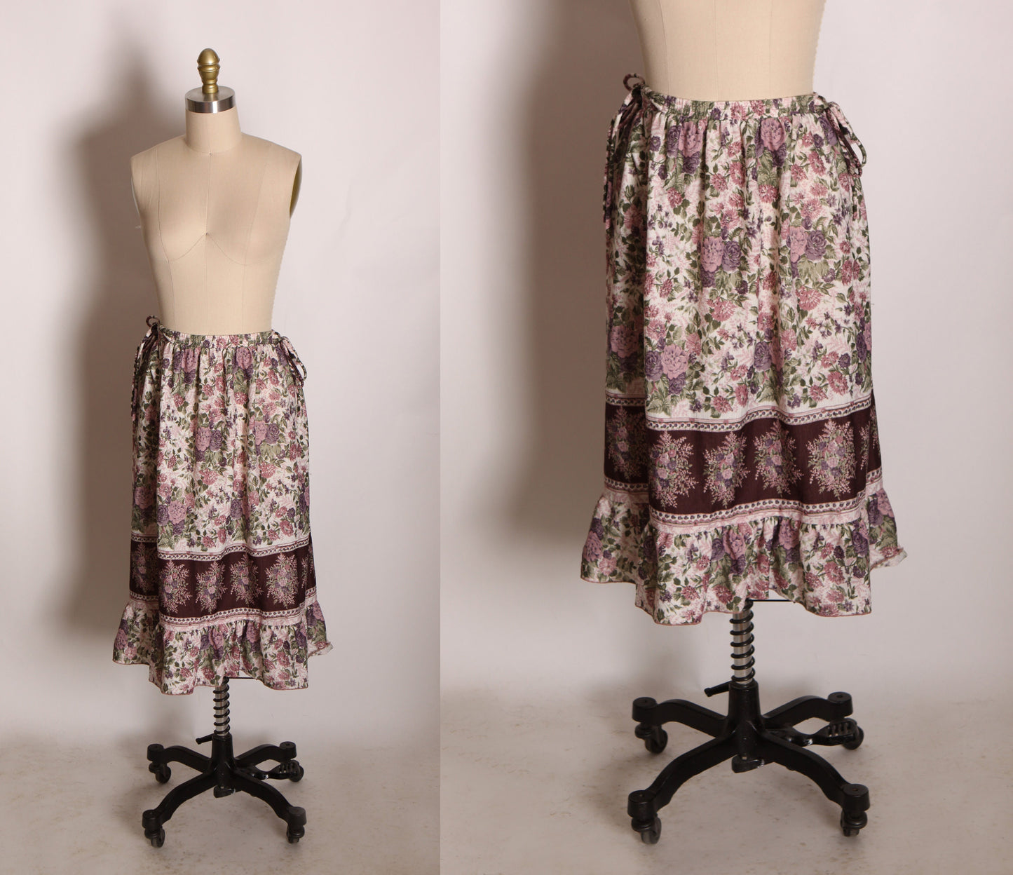 1970s Purple, Cream and Tan Cinched Shoulders Floral Sleeveless Blouse with Matching Skirt Two Piece Outfit by RL Sport -L