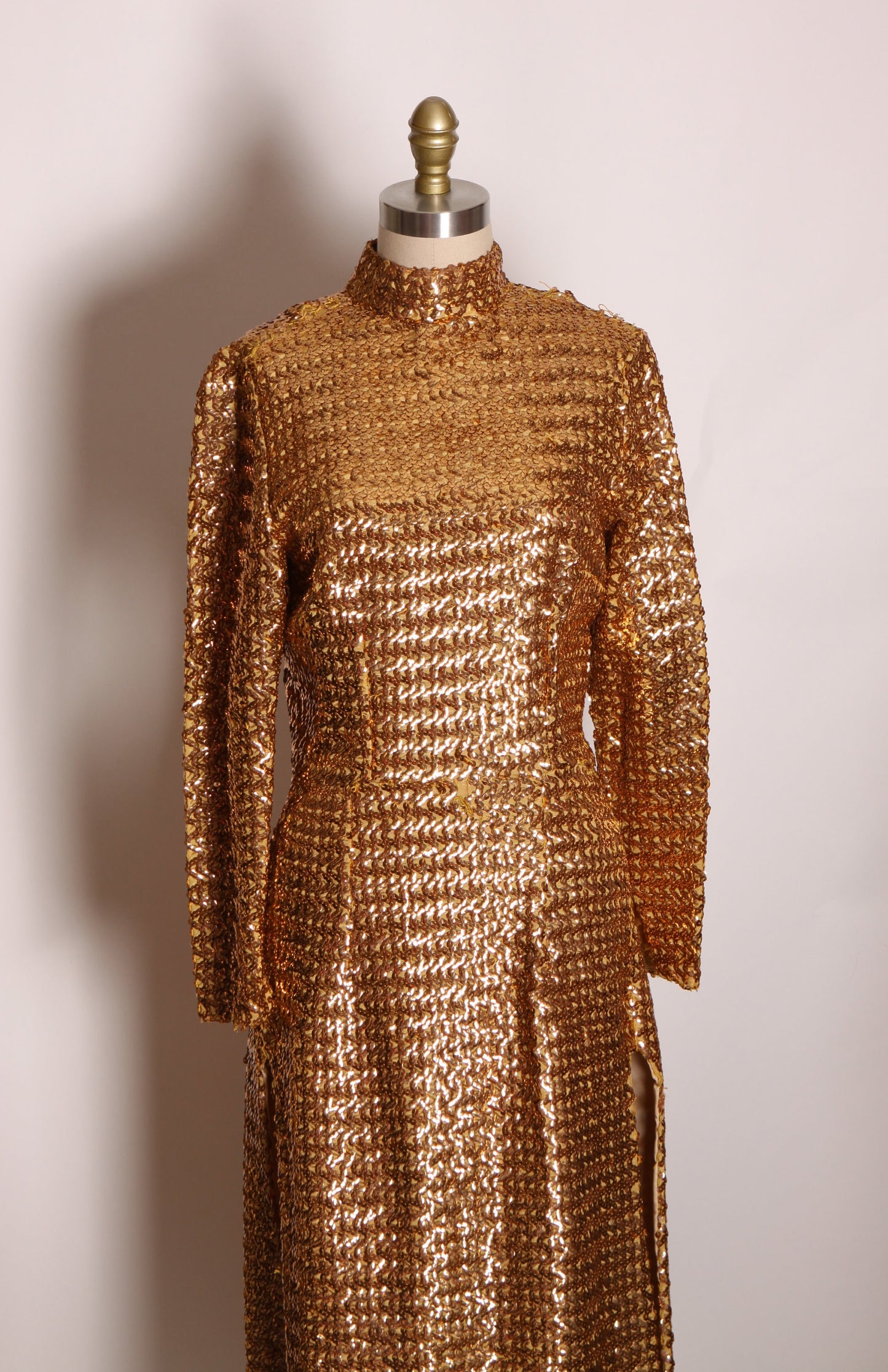 1960s Gold Metallic Sequin Bracelet Sleeve High Cut Side Slit Burlesque Showgirl Dress -M