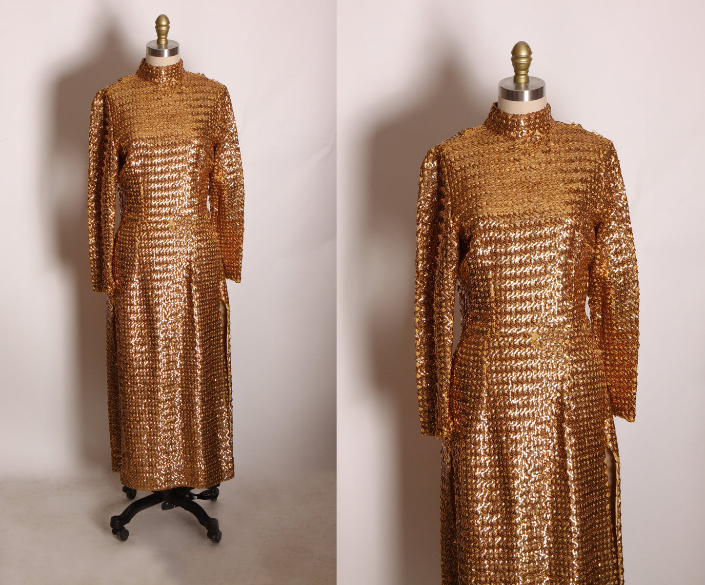 1960s Gold Metallic Sequin Bracelet Sleeve High Cut Side Slit Burlesque Showgirl Dress -M