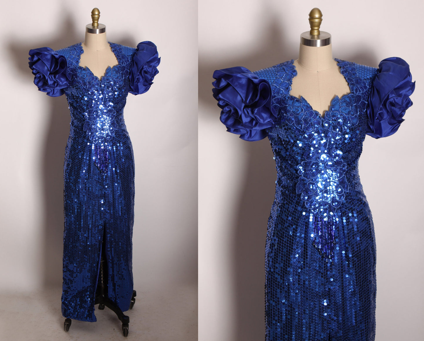 1980s Blue Sequin Ruffle Short Sleeve Full Length Leg Split Back Beaded Fringe Formal Prom Dress by Alyce Designs -M