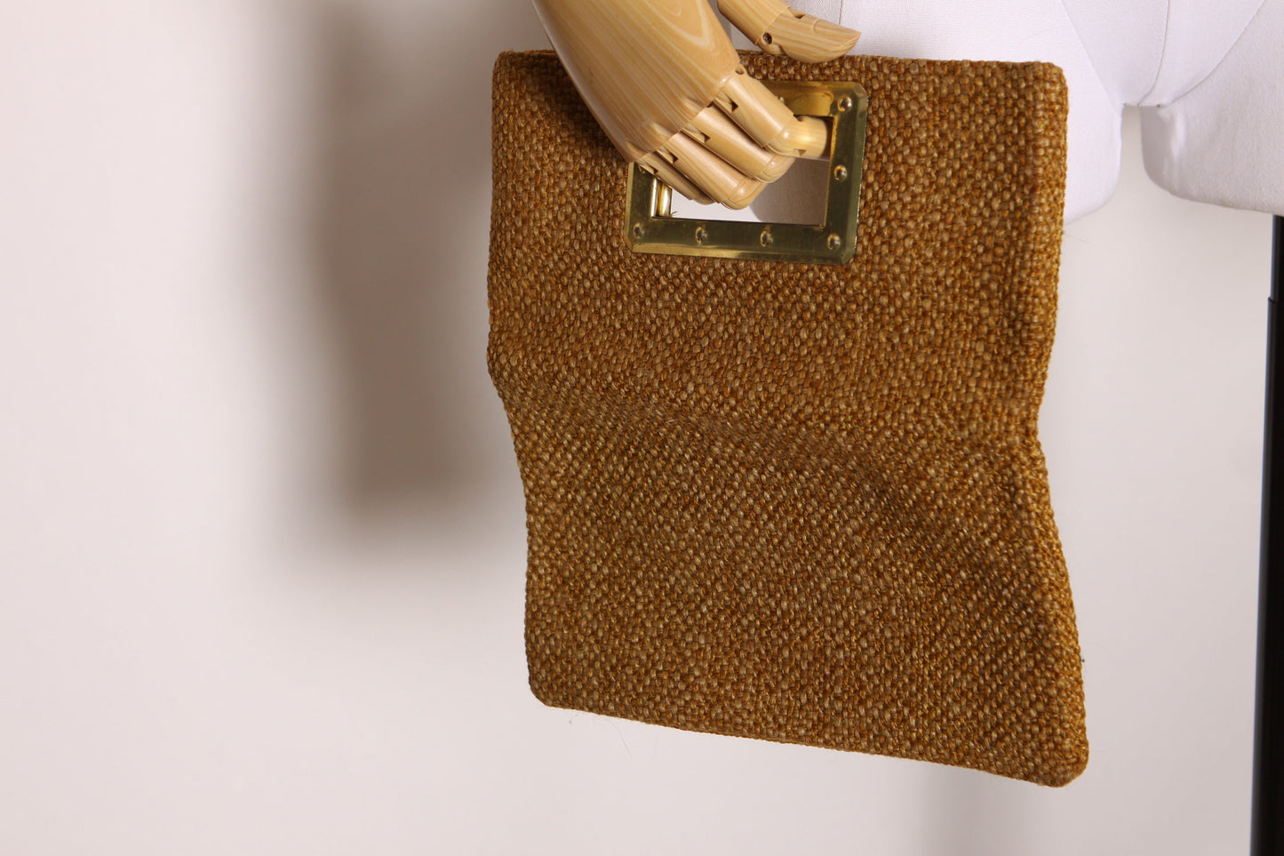 1960s Tan Fibrous Woven Gold Brass Square Handle Handbag Purse