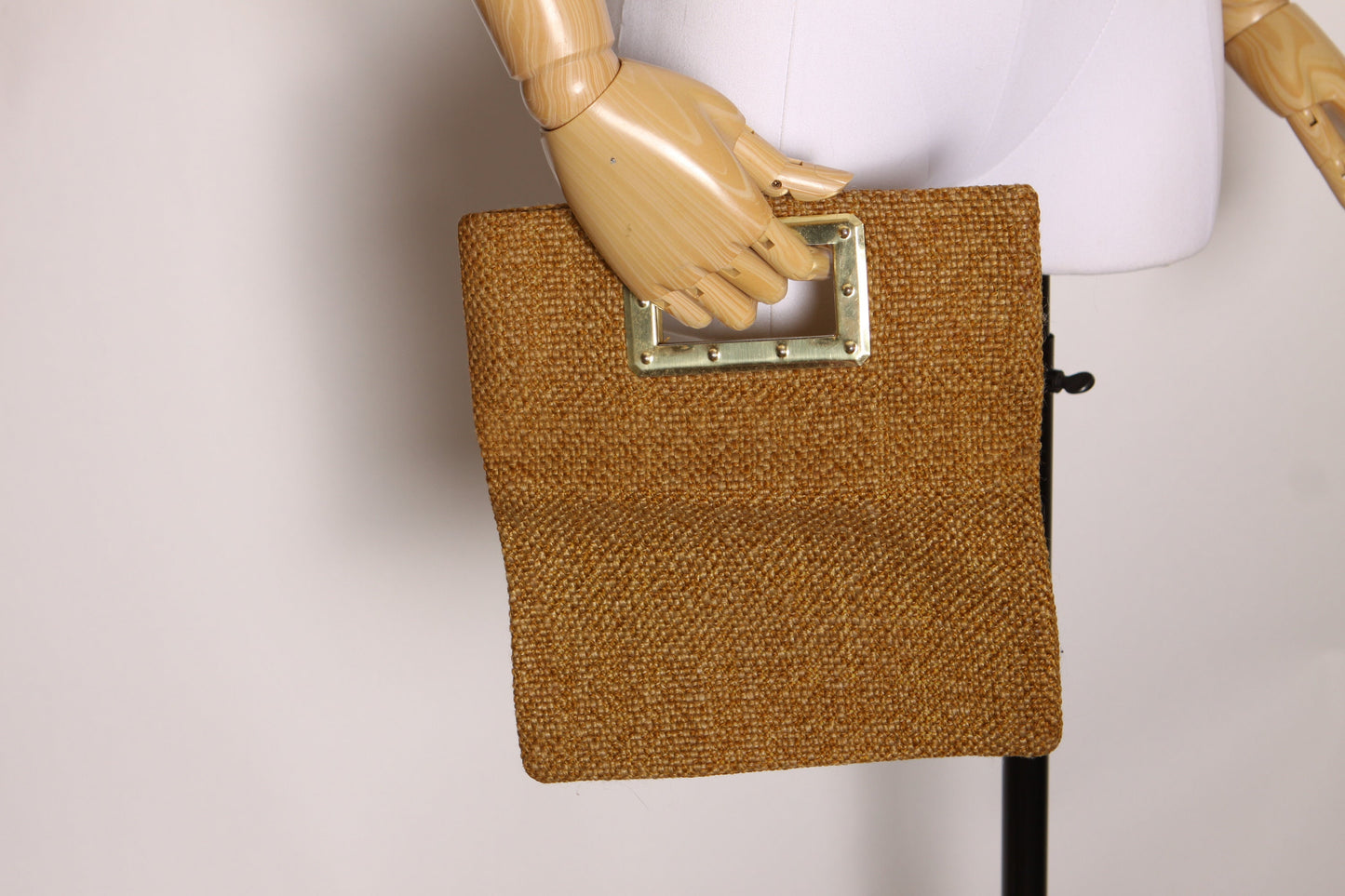 1960s Tan Fibrous Woven Gold Brass Square Handle Handbag Purse