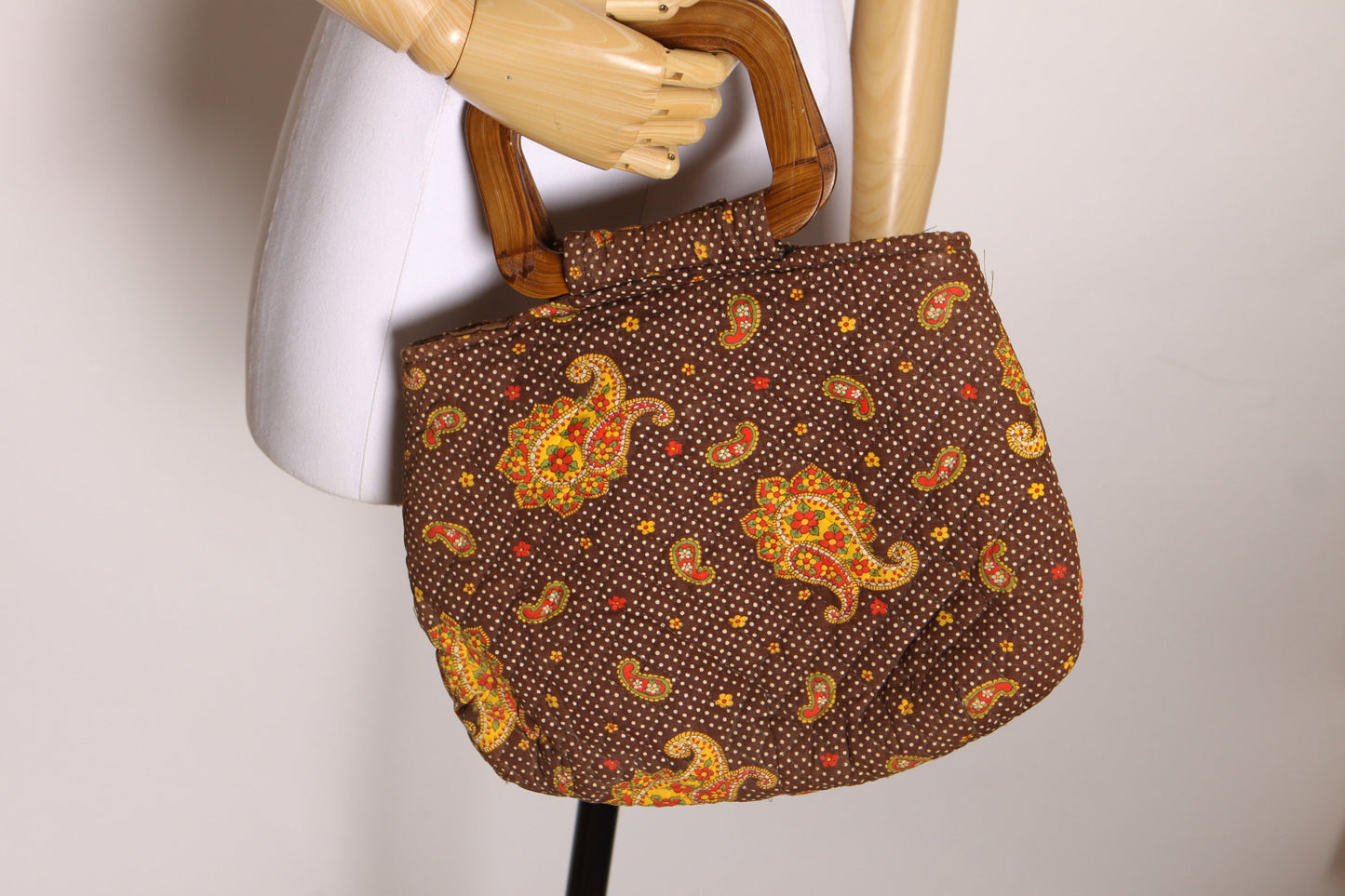 1970s Brown and Red Paisley Print Wood Handle Handbag Purse