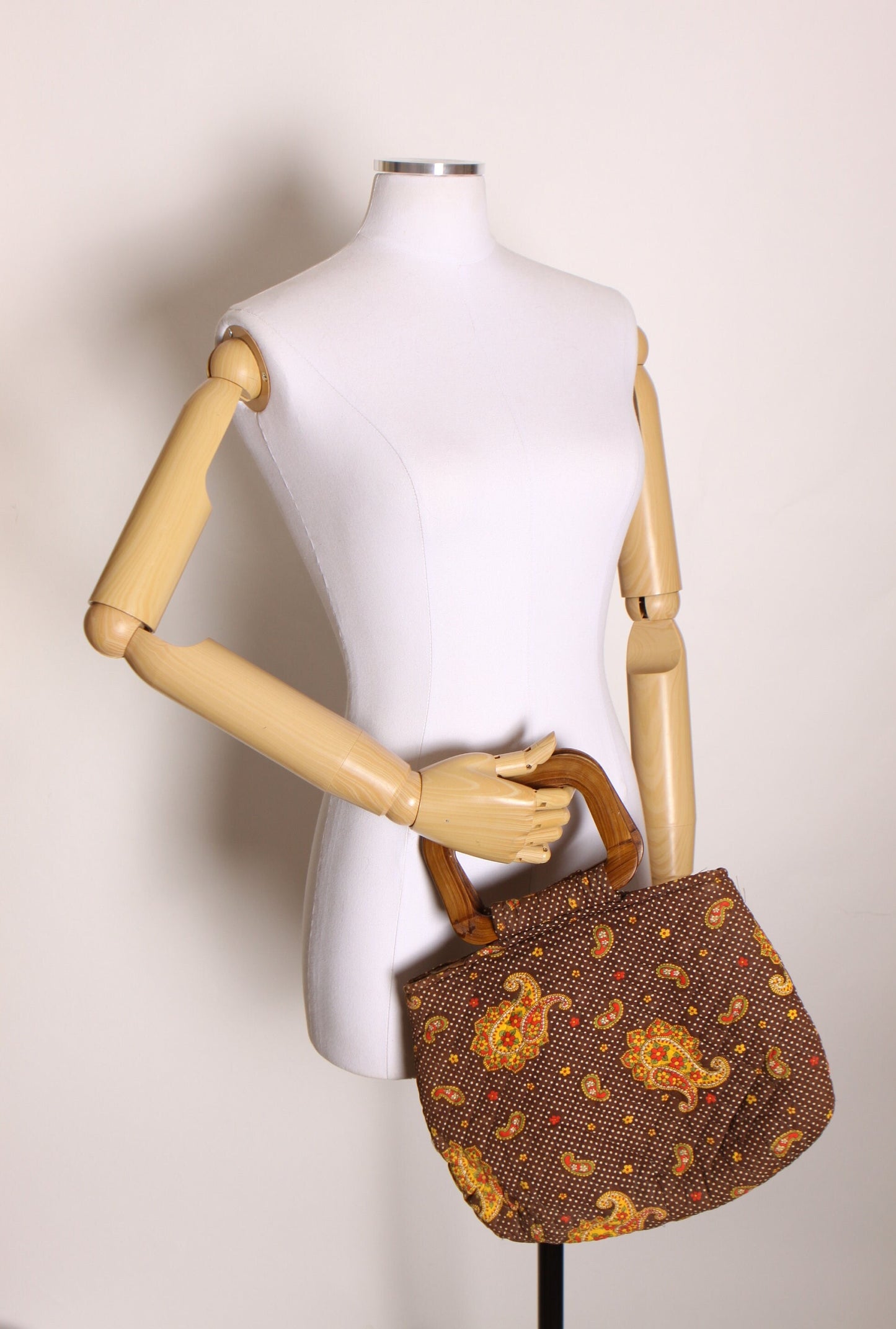 1970s Brown and Red Paisley Print Wood Handle Handbag Purse