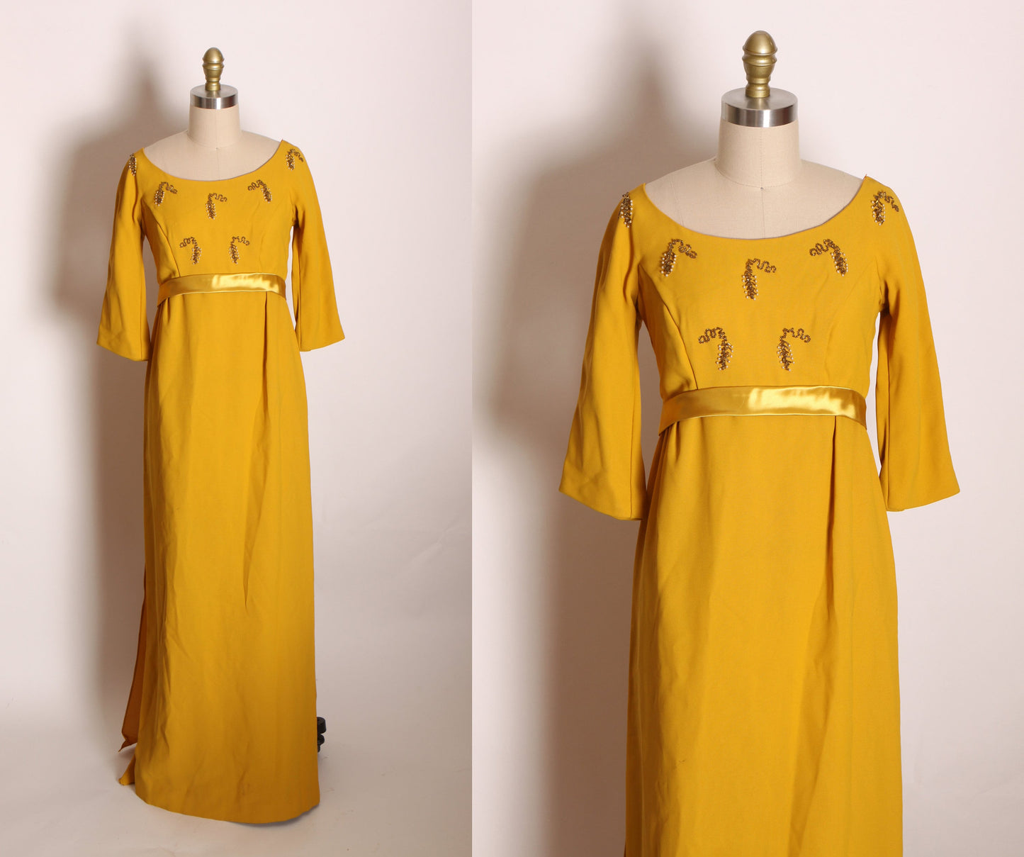 1960s Yellow Gold 3/4 Length Sleeve Floor Length Beaded Bodice Formal Cocktail Dress by McDaniel’s -XS