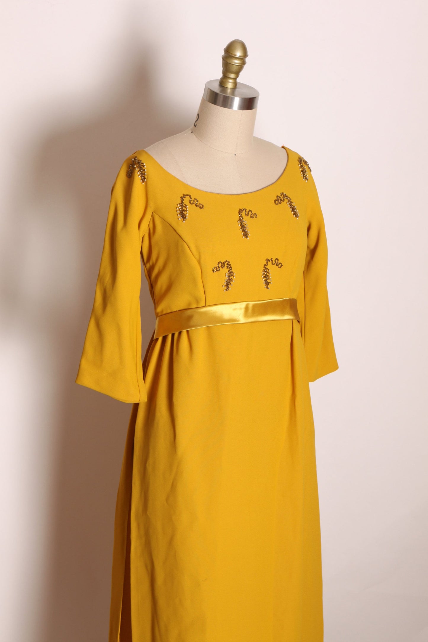 1960s Yellow Gold 3/4 Length Sleeve Floor Length Beaded Bodice Formal Cocktail Dress by McDaniel’s -XS