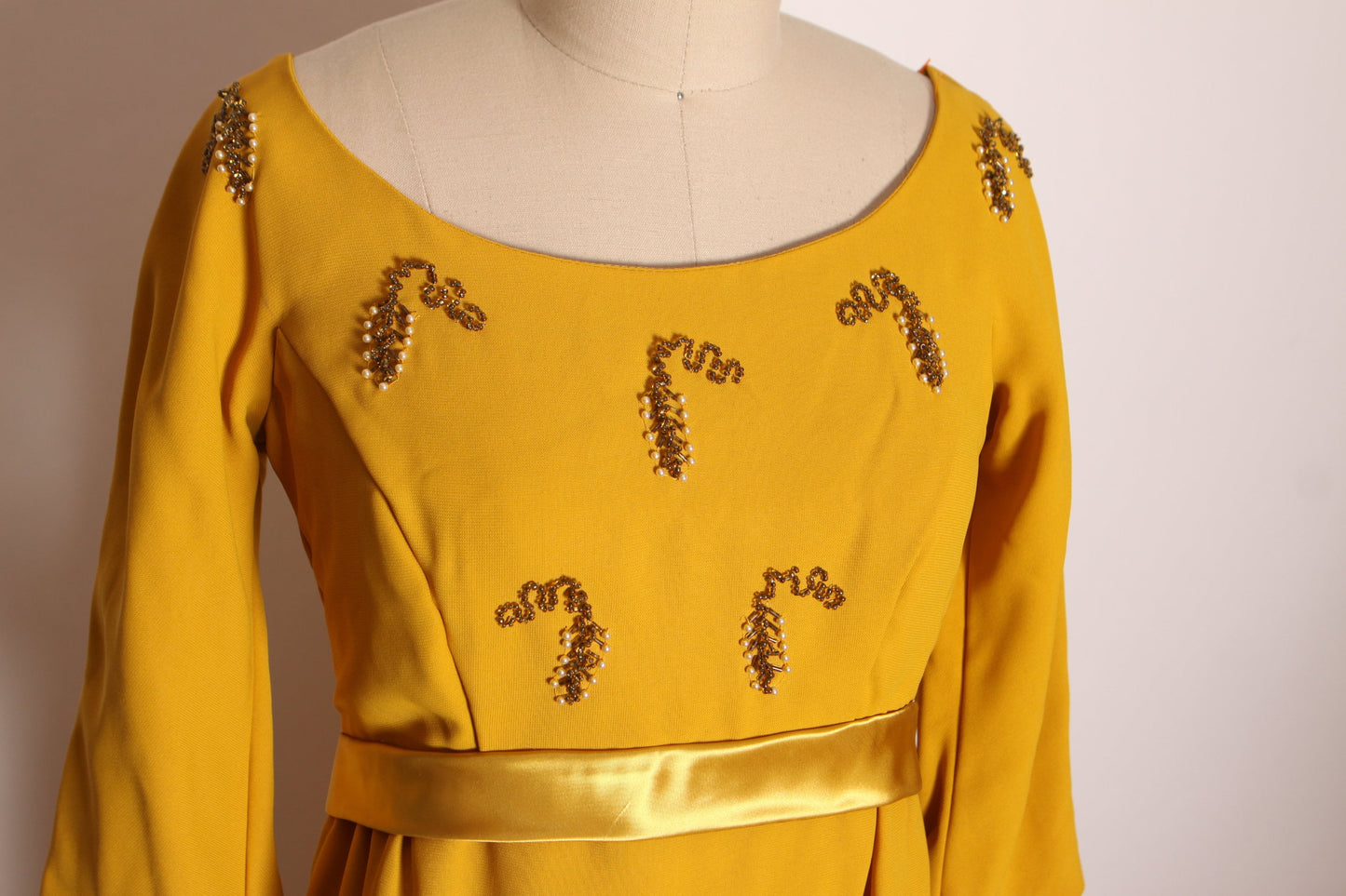 1960s Yellow Gold 3/4 Length Sleeve Floor Length Beaded Bodice Formal Cocktail Dress by McDaniel’s -XS