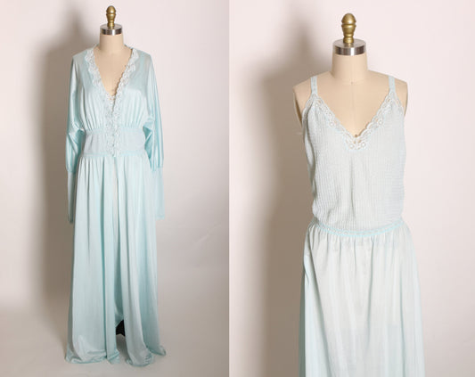 1980s Pale Ice Blue Wide Strap Full Length Night Gown with Matching Button Up Robe Peignoir Lingerie Set by Vanity Fair -M