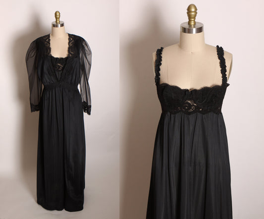 1980s Black Nylon Push Up Full Length Wide Strap Night Gown with Matching Sheer Sleeve Button Up Robe Lingerie Peignoir Set by Olga 94480 -L