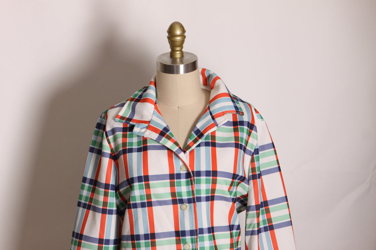 1970s White, Green, Red and Blue Plaid Long Sleeve Button Up Blazer Jacket by Prince Dallas -XL