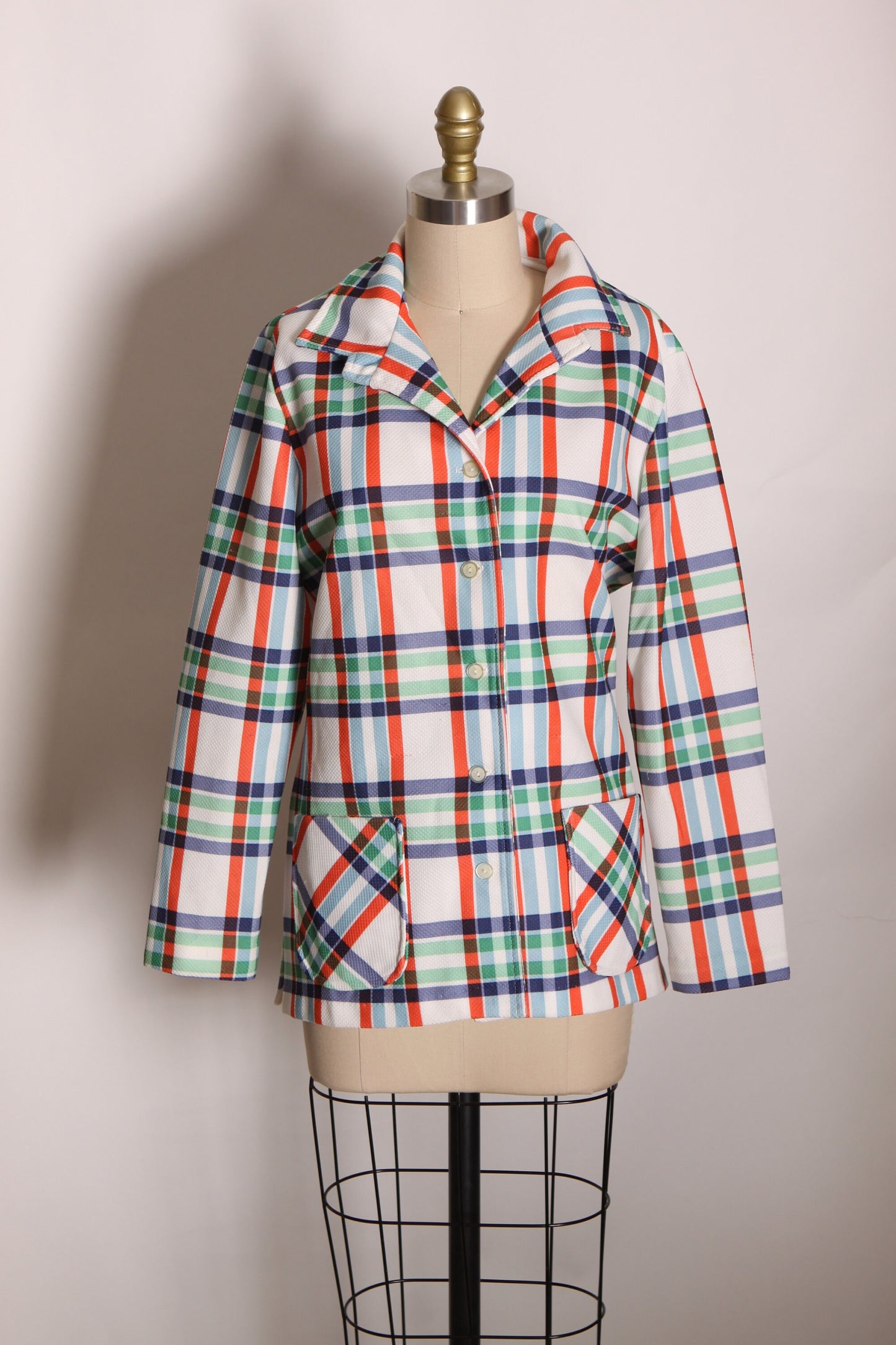 1970s White, Green, Red and Blue Plaid Long Sleeve Button Up Blazer Jacket by Prince Dallas -XL