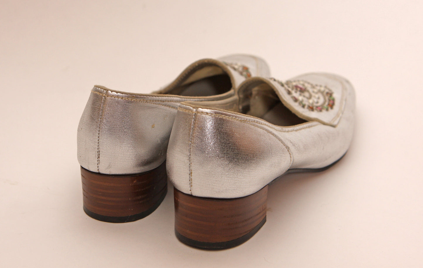 1960s Silver Metallic Slip On Rhinestone Rainbow Bedazzled Short Heel Slide On Shoes by Magdesian’s of California -8N