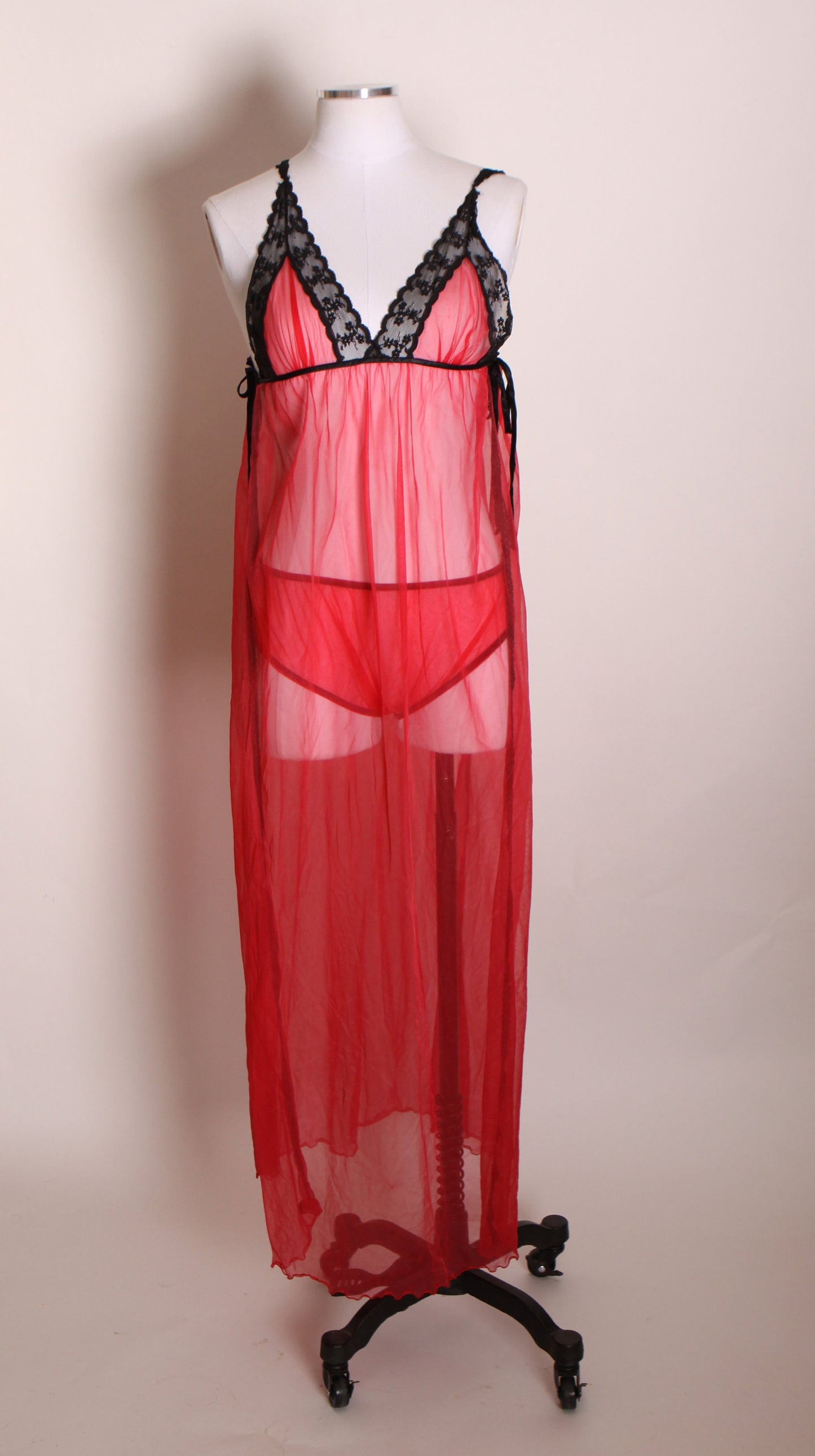 1960s Red and Black Lingerie Open Side Night Gown with Matching Panties and Open Sleeve Robe Lingerie Set -S