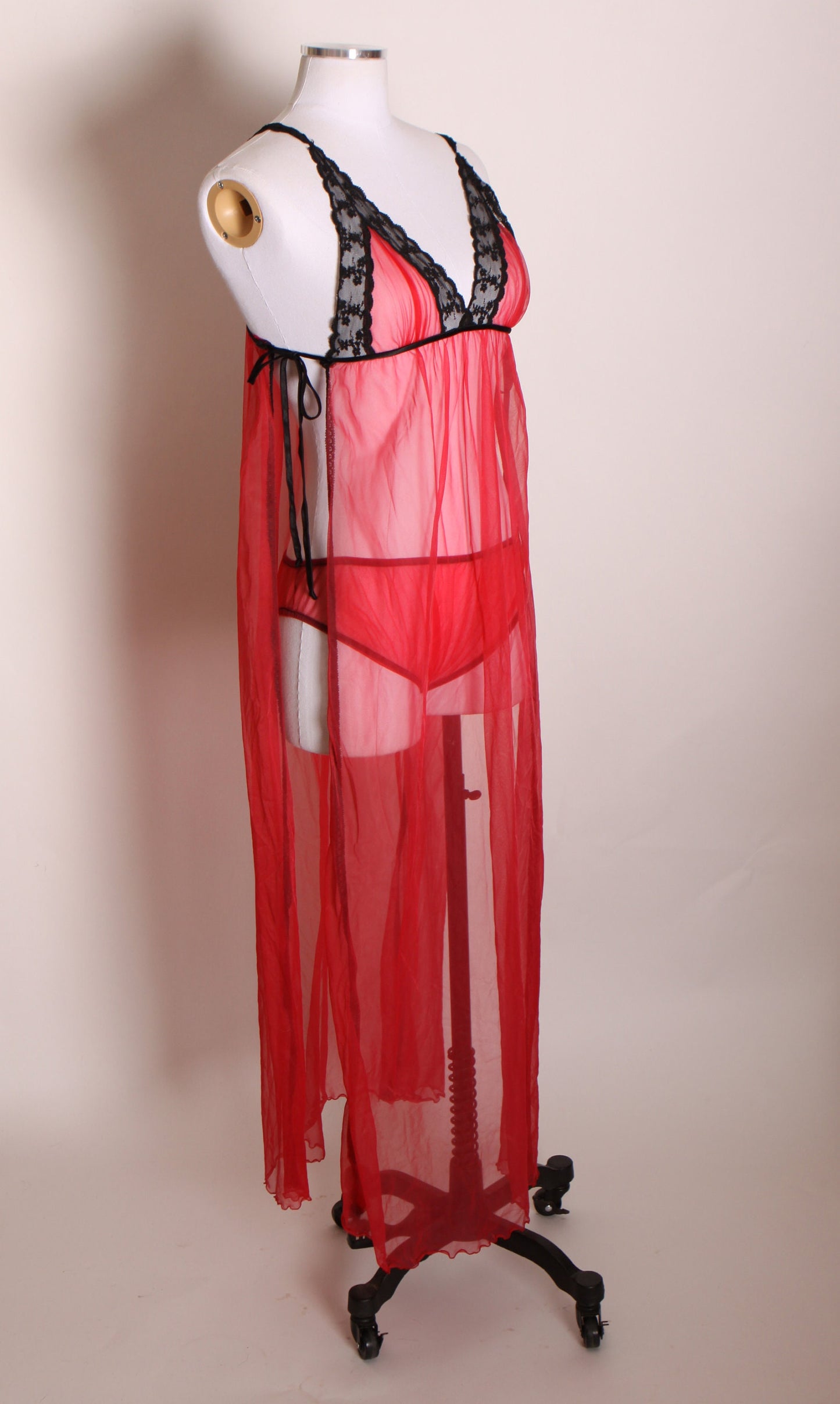 1960s Red and Black Lingerie Open Side Night Gown with Matching Panties and Open Sleeve Robe Lingerie Set -S