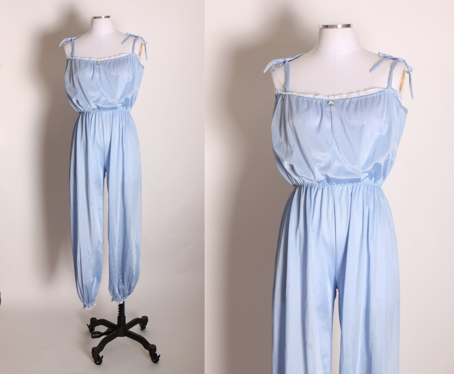 1980s Light Blue Thin Strap Floral Detail Ankle Length One Piece Lingerie Jumpsuit -M-L