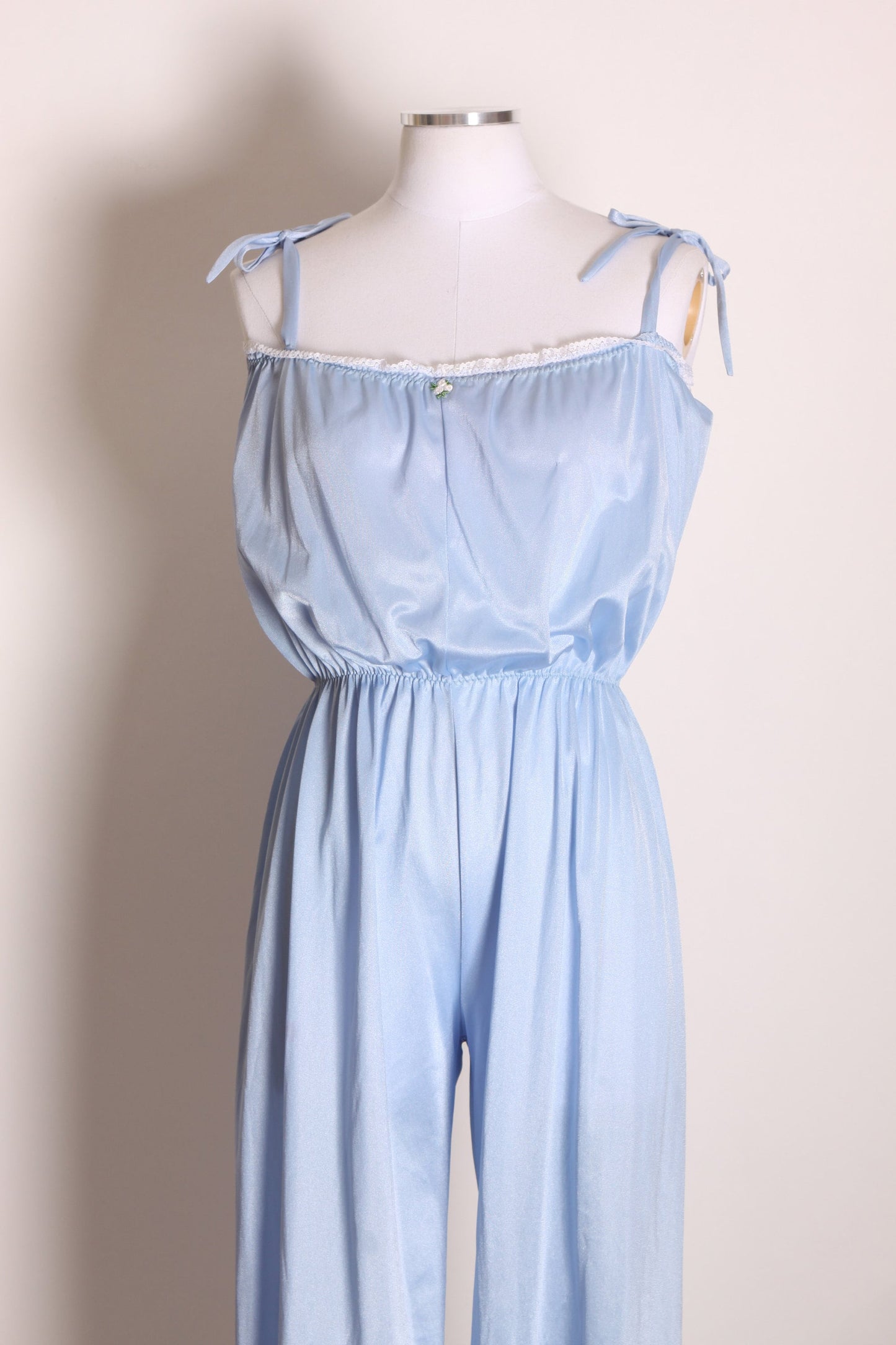 1980s Light Blue Thin Strap Floral Detail Ankle Length One Piece Lingerie Jumpsuit -M-L