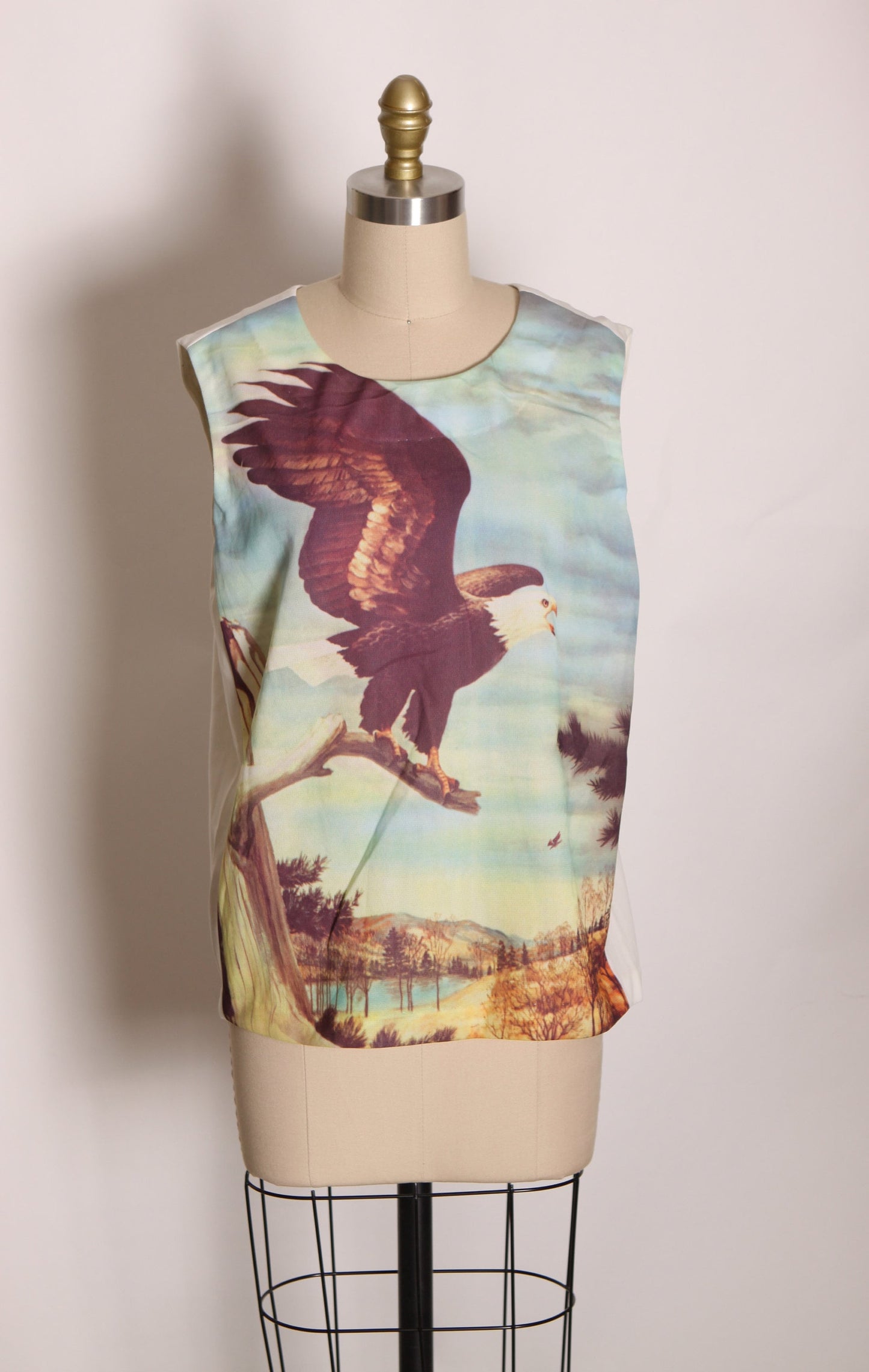 1970s Novelty Photograph Bald Eagle America 4th of July Sleeveless Blouse -L