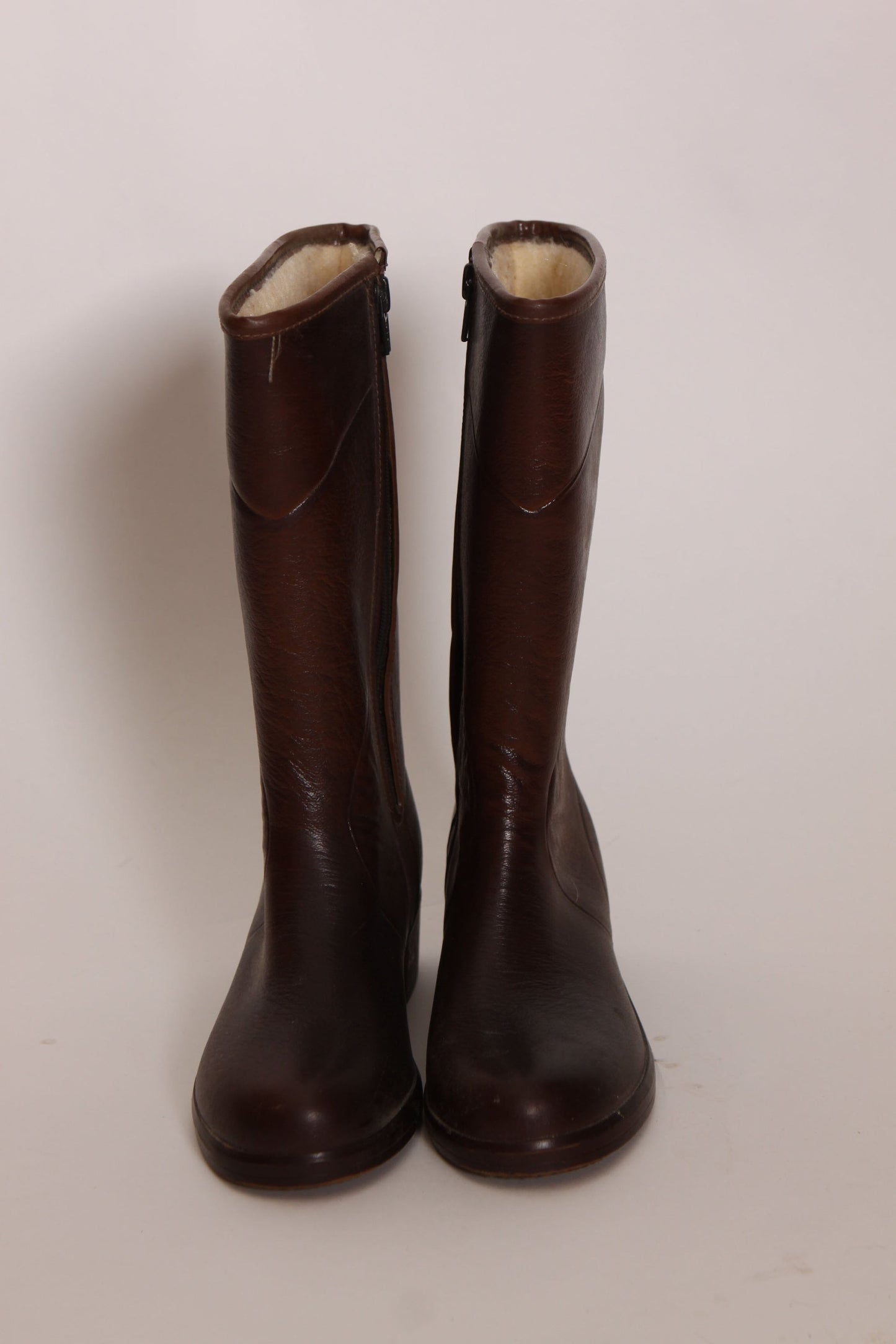 1970s Dark Brown Rubber Fuzzy Lined Zip Up Boots -Size 2