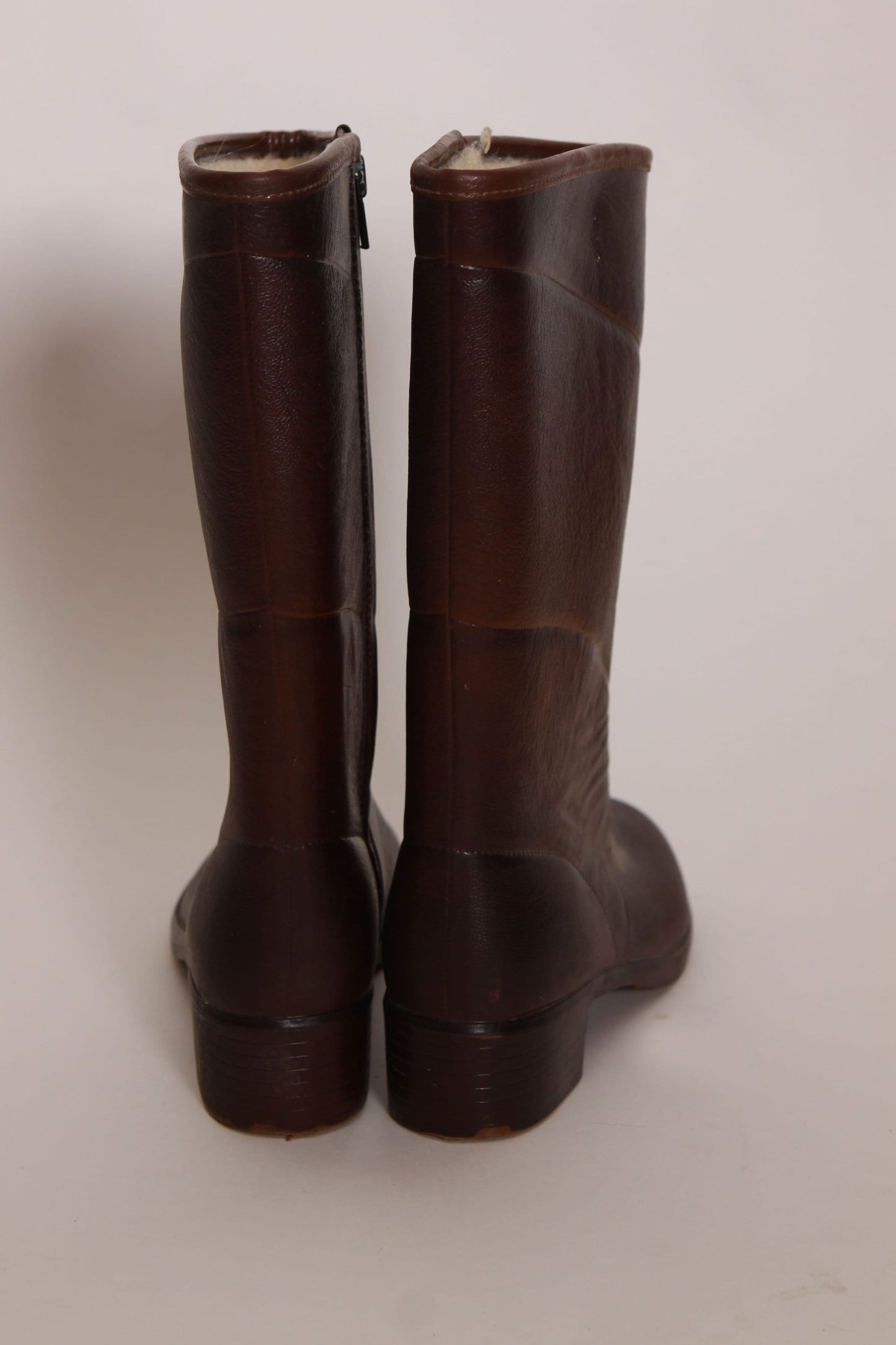 1970s Dark Brown Rubber Fuzzy Lined Zip Up Boots -Size 2