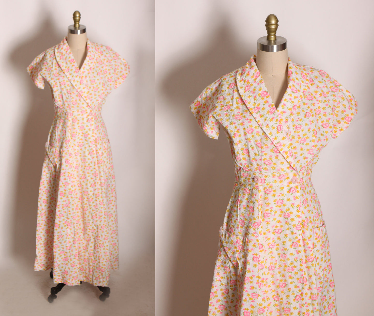 Late 1940s Early 1950s Pink and White Floral Short Sleeve Button Wrap Robe Dress -M