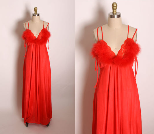 1970s Red Fuzzy Marabou Feather Trim Spaghetti Strap Lace Full Length Night Gown by JCPenney -L