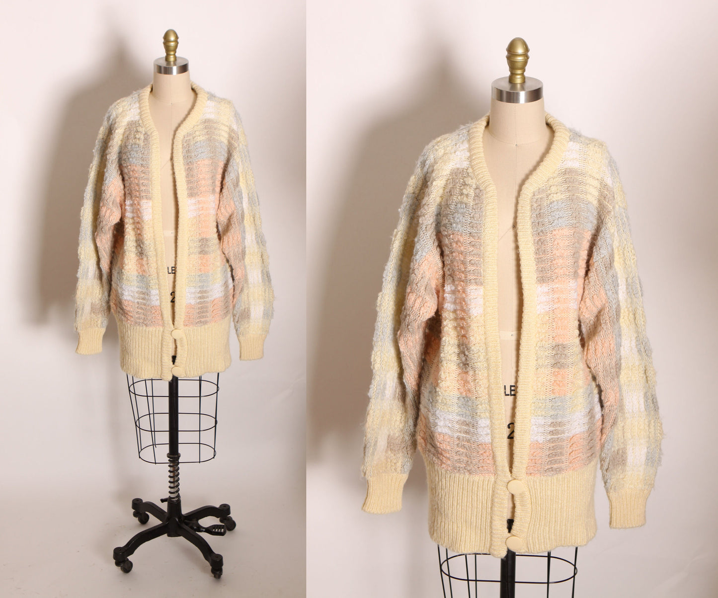 1980s Cream, Pastel Pink and Blue Knit Long Sleeve Hip Length Sweater Cardigan by Lindsay Scott -M