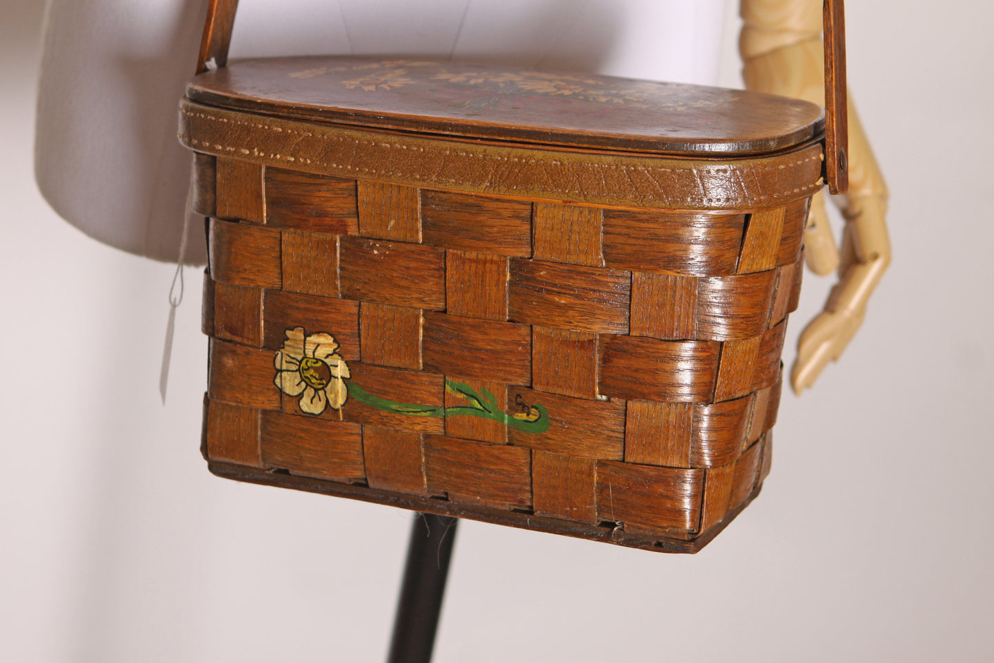 1960s Wooden Wicker Basket Look Top Handle Hand Painted Flower Floral Bouquet Purse