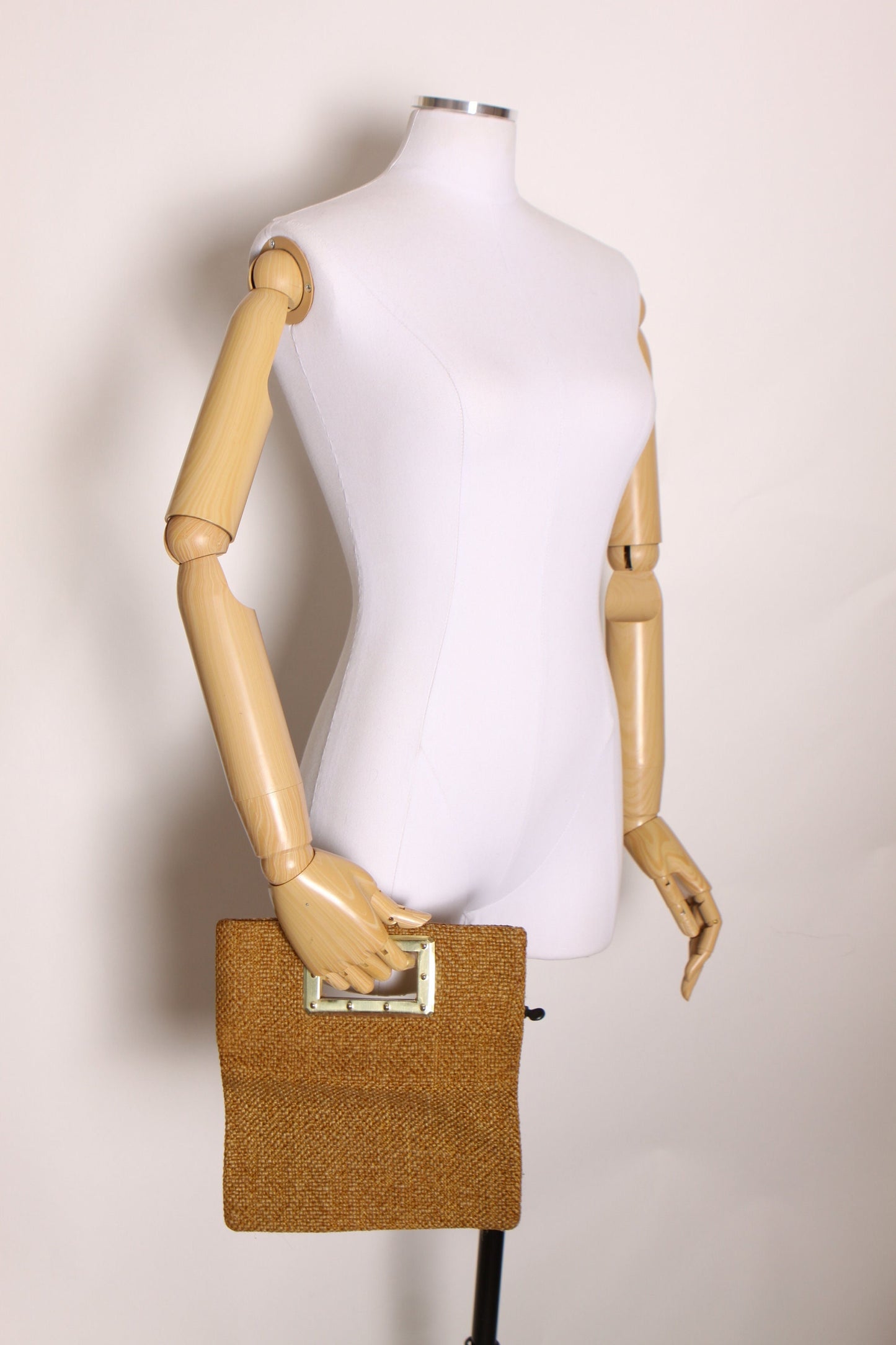 1960s Tan Fibrous Woven Gold Brass Square Handle Handbag Purse