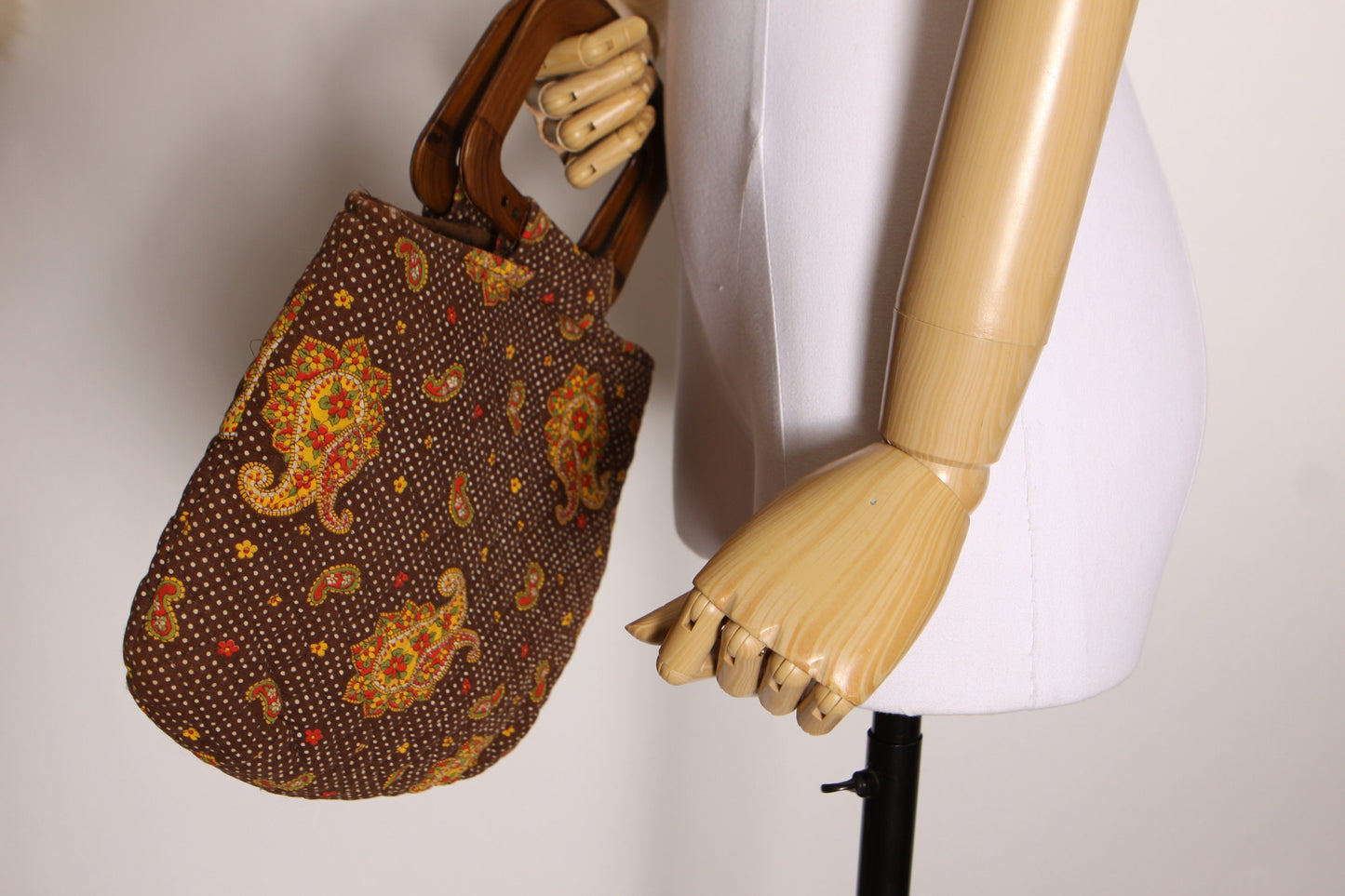 1970s Brown and Red Paisley Print Wood Handle Handbag Purse