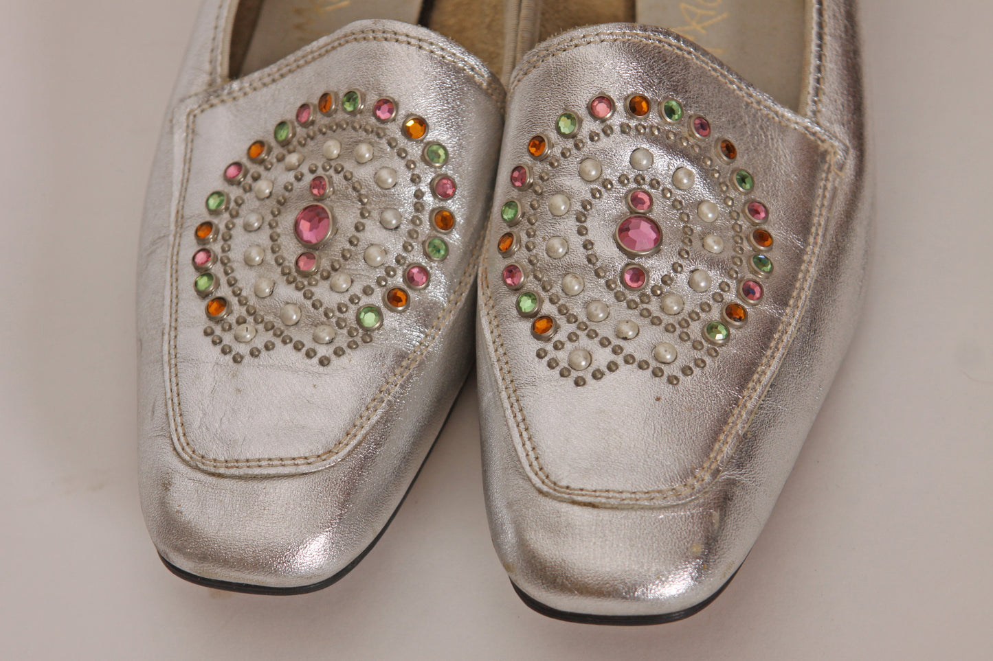 1960s Silver Metallic Slip On Rhinestone Rainbow Bedazzled Short Heel Slide On Shoes by Magdesian’s of California -8N