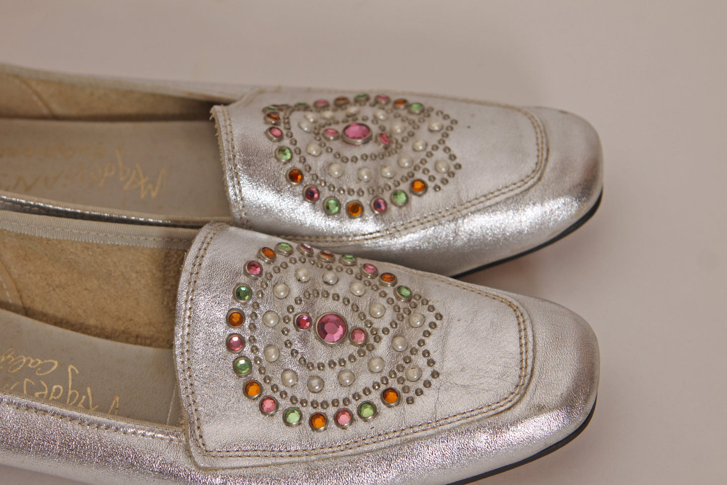 1960s Silver Metallic Slip On Rhinestone Rainbow Bedazzled Short Heel Slide On Shoes by Magdesian’s of California -8N