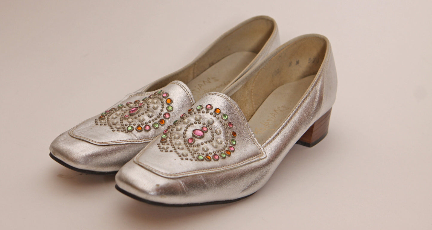 1960s Silver Metallic Slip On Rhinestone Rainbow Bedazzled Short Heel Slide On Shoes by Magdesian’s of California -8N