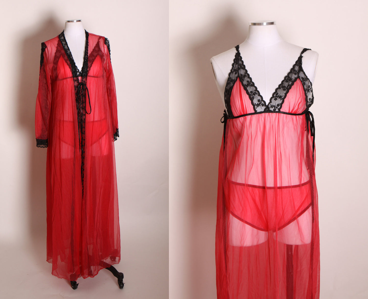 1960s Red and Black Lingerie Open Side Night Gown with Matching Panties and Open Sleeve Robe Lingerie Set -S